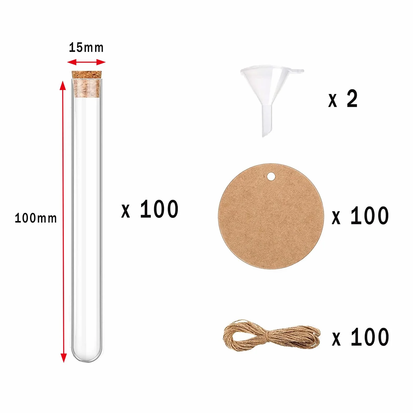 Probówki z korkiem 15 x 100 mm 13 ml zestaw z zawieszkami kraft i liną konopną DIY