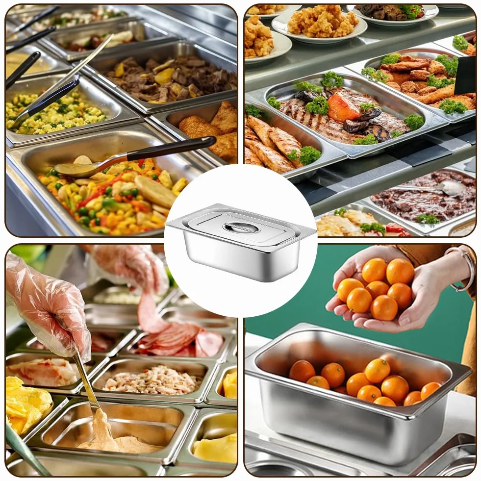 3-częściowy zestaw misek do panierowania ze stali nierdzewnej z pokrywką, pojemnik GN 1/3, 32,5 x 17,5 x 6,5 cm, prostokątny, metalowy pojemnik gastronomiczny na kotlety, mięso, ryby, panierkę