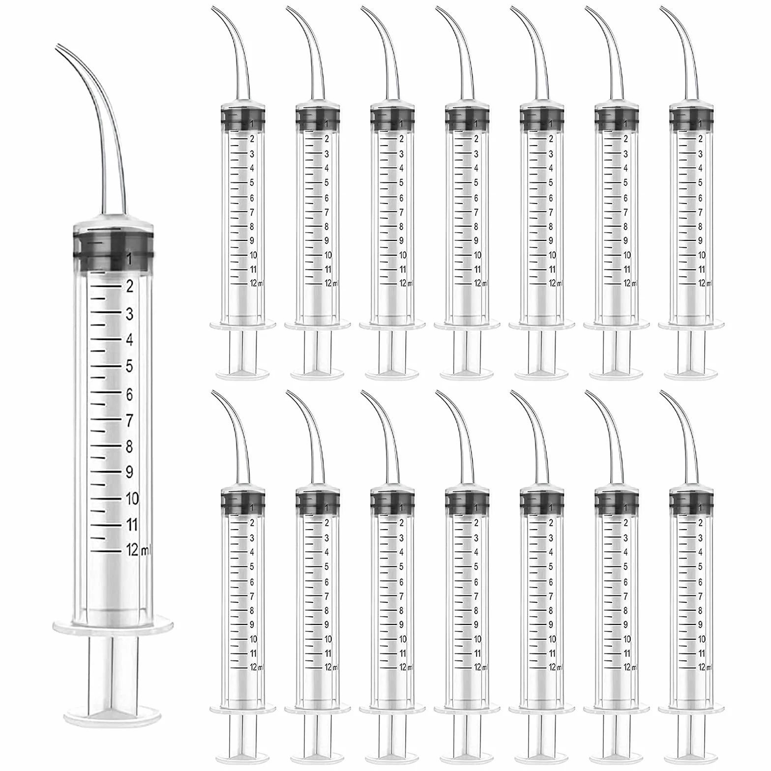 15 sztuk Dental Syringe, jednorazowa strzykawka do płukania zębów 12 ml z zakrzywioną końcówką do pielęgnacji zębów, pielęgnacji zwierząt domowych, wypełniania klejem, laboratorium