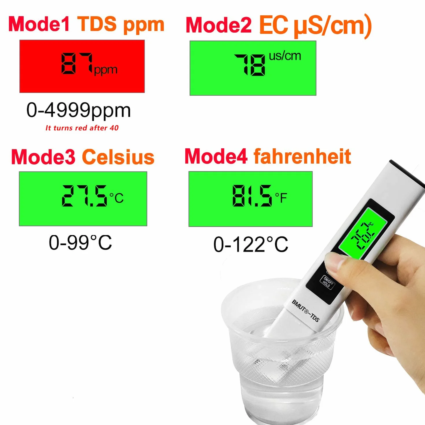 BMUT TDS miernik 3 w 1 – cyfrowy tester jakości wody i miernik temperatury EC, zakres pomiarowy 0-9999ppm, do wody, roślin, wody pitnej, akwariów itd