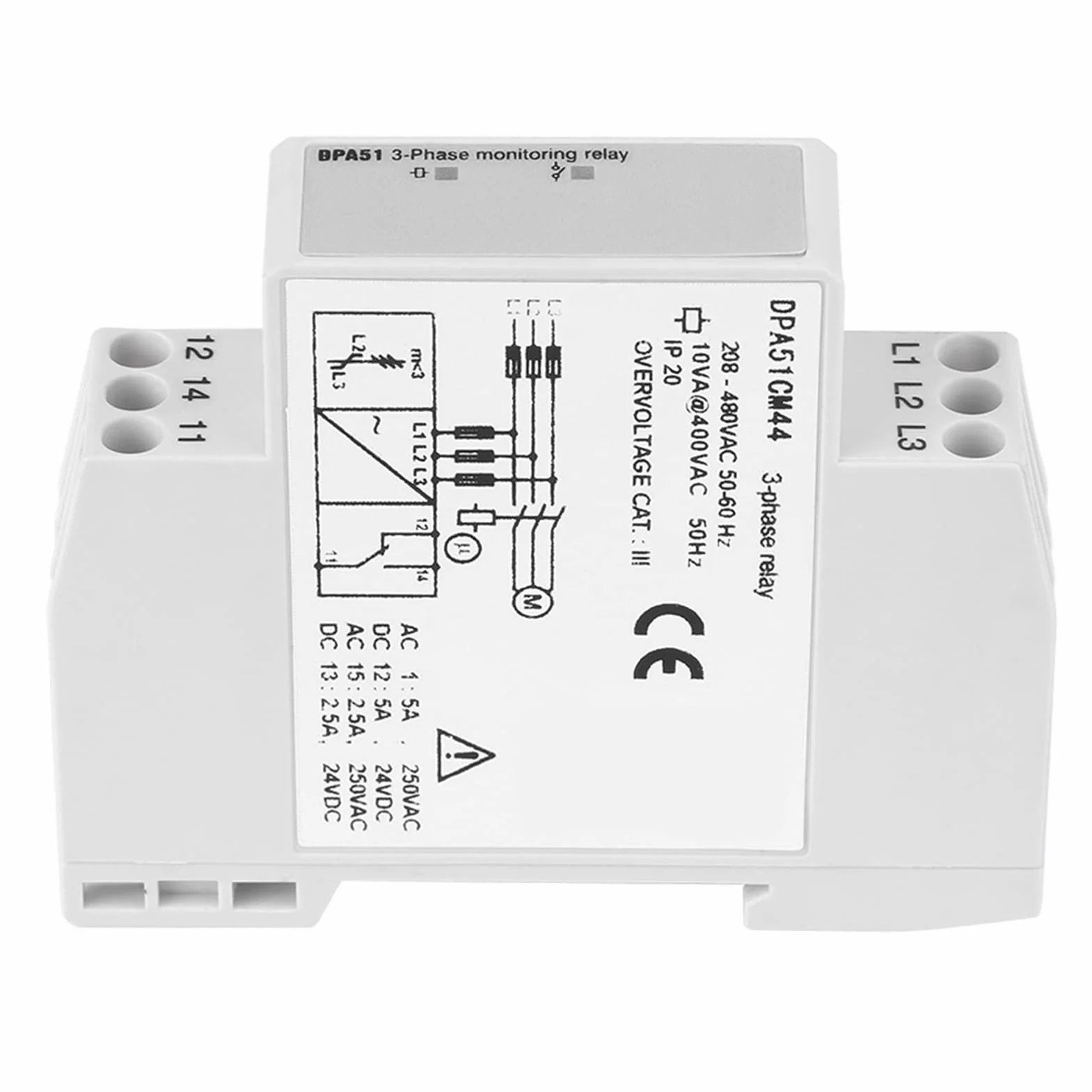 DPA51CM44 3-fazowy przekaźnik monitorujący, prąd/napięcie, przekaźnik monitorujący, ochrona układu trójfazowego, bez przewodu neutralnego, utrata fazy i słaba sekwencja faz, 208-480