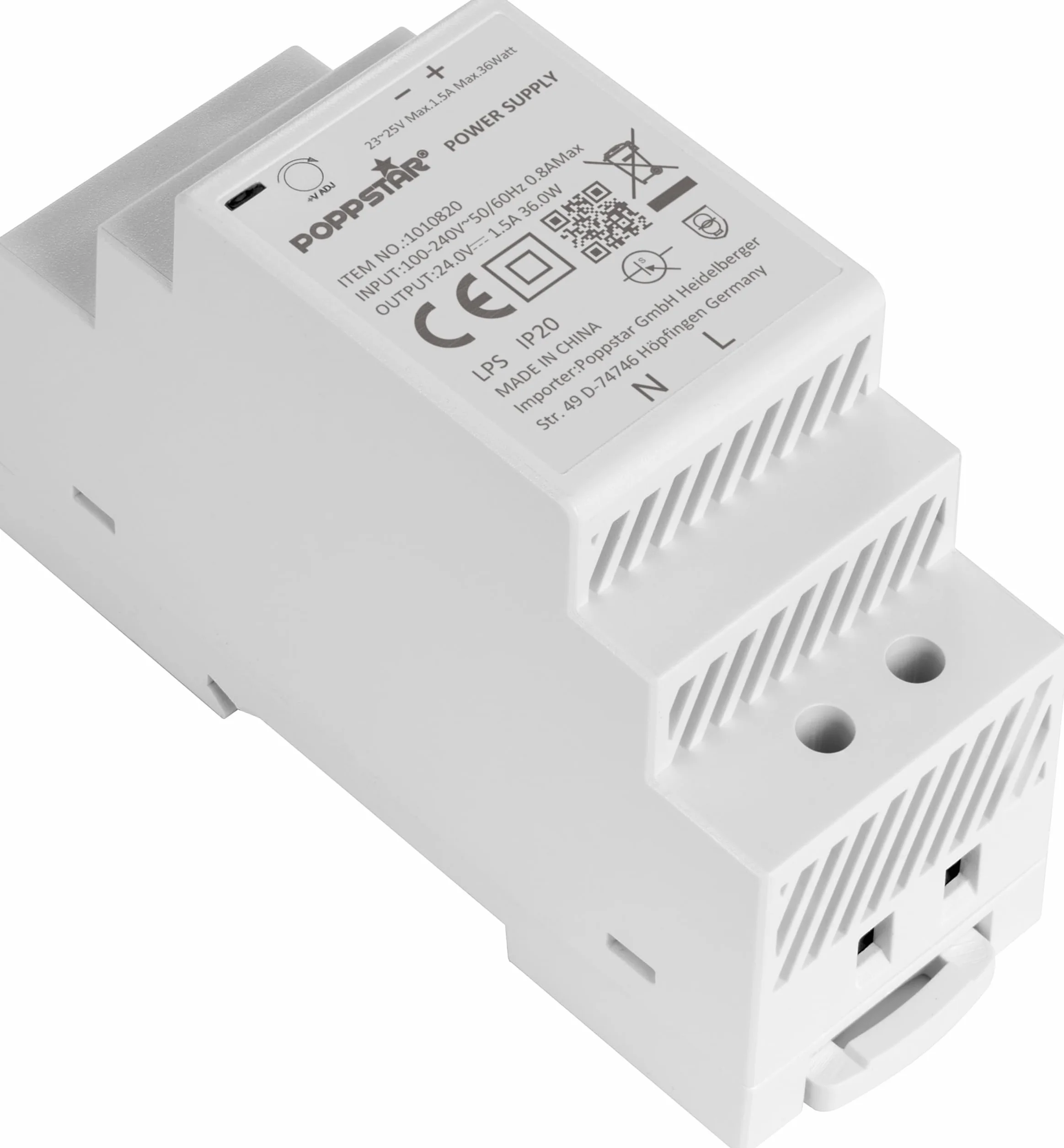 Poppstar zasilacz do szyny montażowej P-30-24- 24V 36W (wejście 100-240 V AC 50/60 Hz, wyjście 24 V DC 1,5 A 36 W)