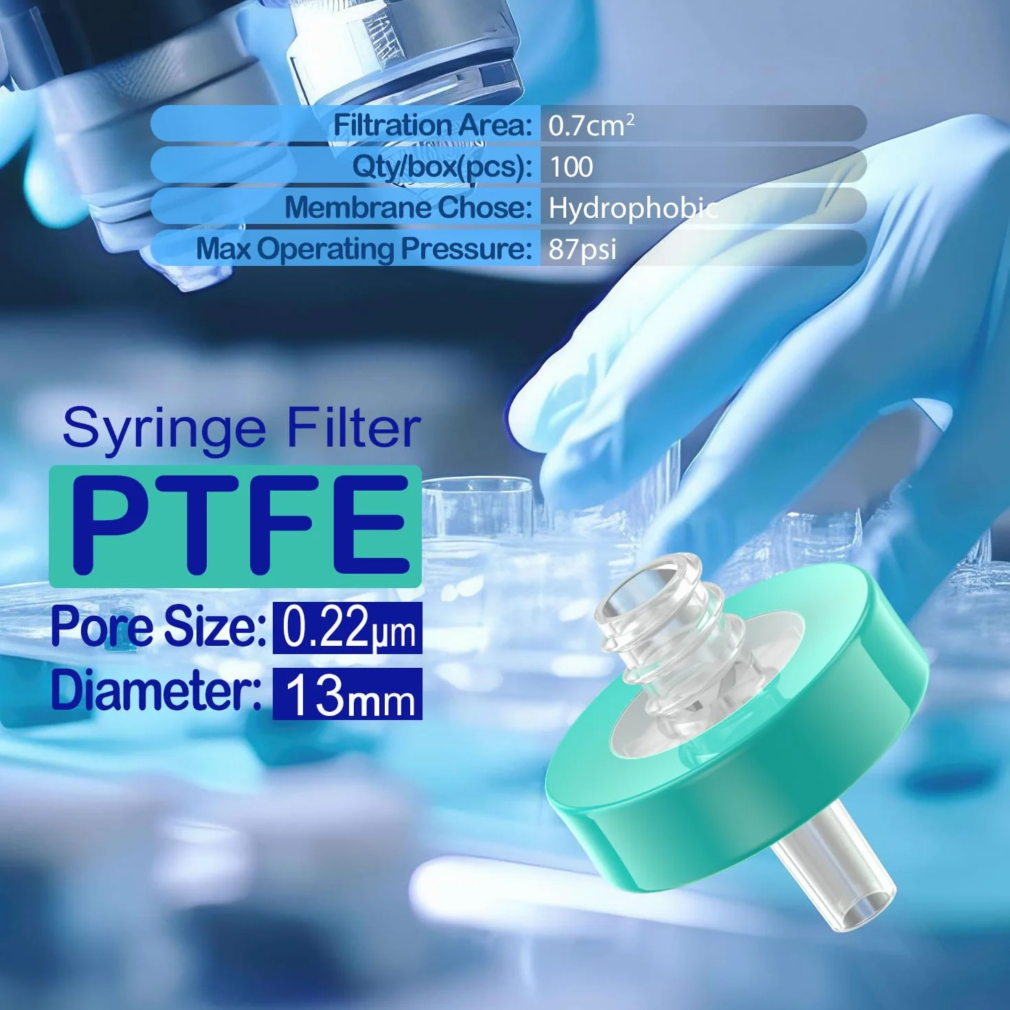 Opakowanie 10 filtrów strzykawkowych PTFE 0,22 μm, filtry laboratoryjne wielkości porów, filtracja hydrofobowa o średnicy 13 mm, niesterylna (10, PTFE-13-0,22)