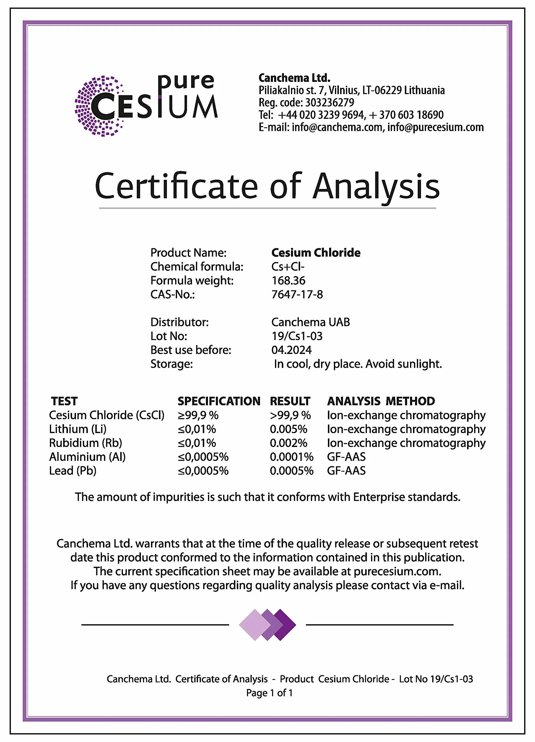 Clorku cezu (Cesiumchlorid) CsCl 100g proszek, czystość >99,99%, Wyprodukowano w Europie, od Pure Cesium, Wraz z certyfikatem analitycznym, Przetestowane w certyfikowanym laboratorium 3,5oz (100g)