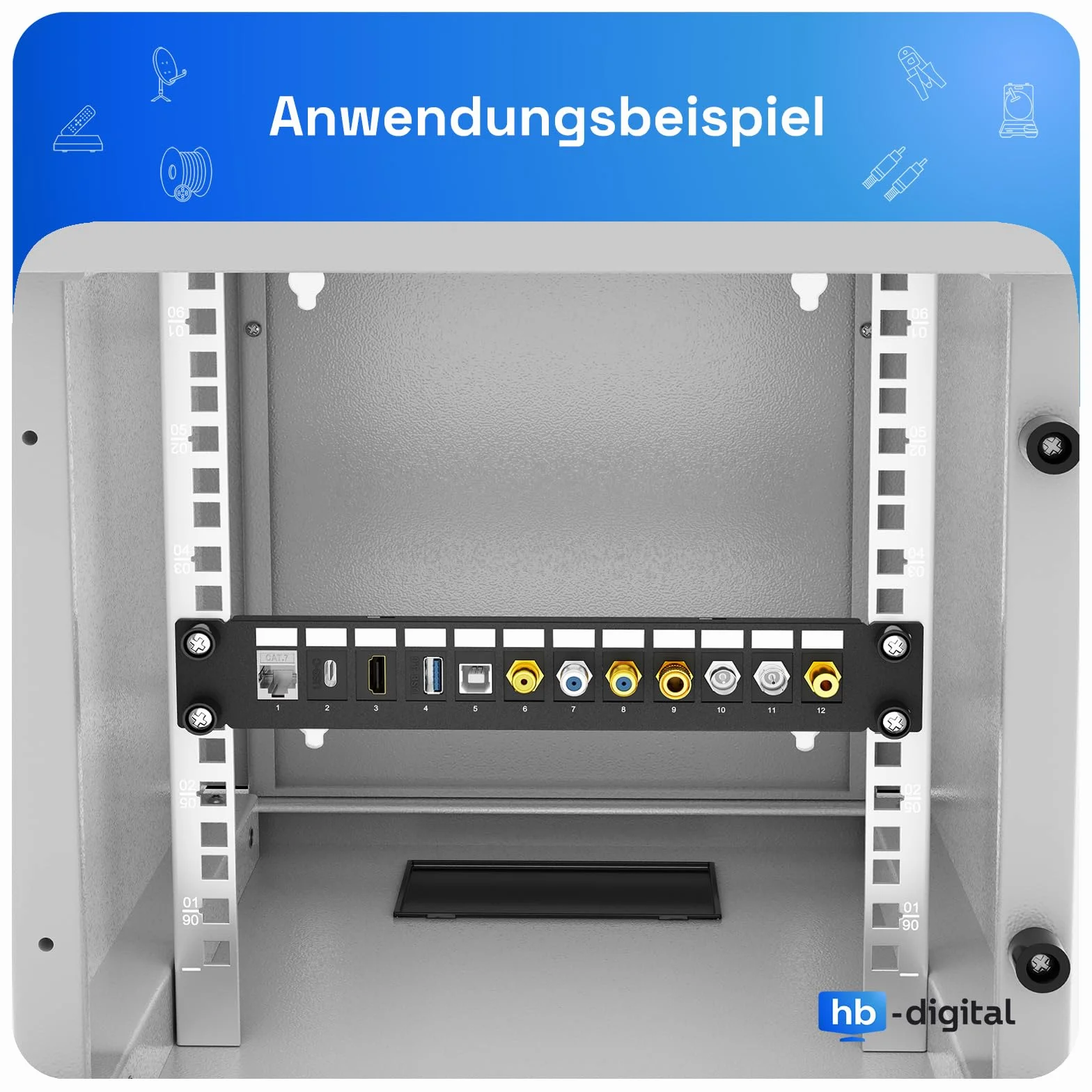 HB-DIGITAL 12-portowy panel krosowy modułowy do modułów Keystone ekranowany czarny 1HE montaż w stelażu TIA568A kabel TIA568B