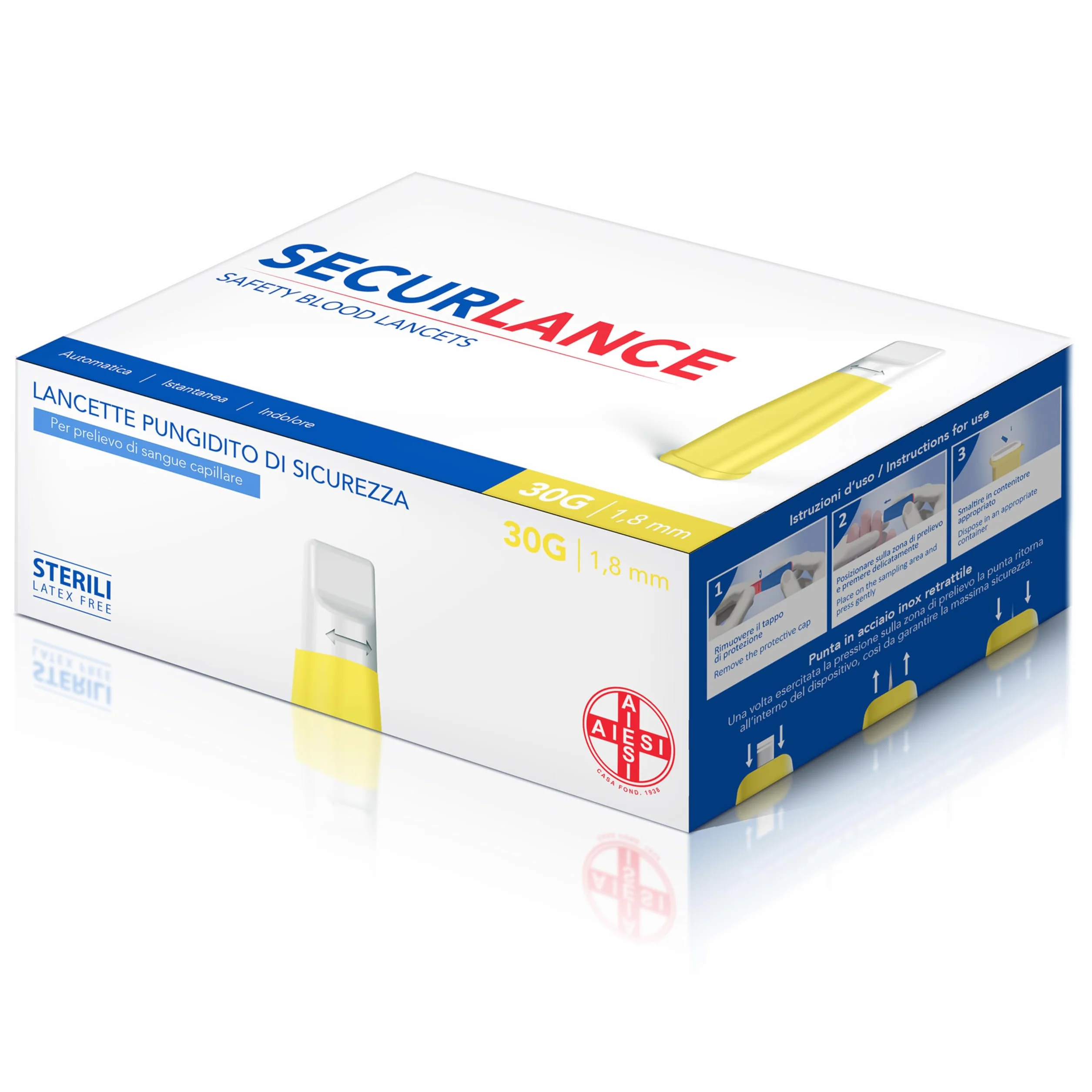 AIESI® Sterylne jednorazowe lancety z systemem bezpieczeństwa i wysuwaną końcówką ze stali nierdzewnej 30G DOCTOR SECURLANCE (100 sztuk)
