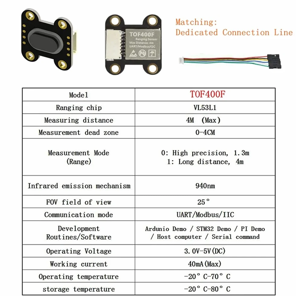 1 Pieza moduł czujnika odległości czujnik odległości 4 m Tof400f VL53L1X, interfejs szeregowy IIC UART/Modbus / I2C