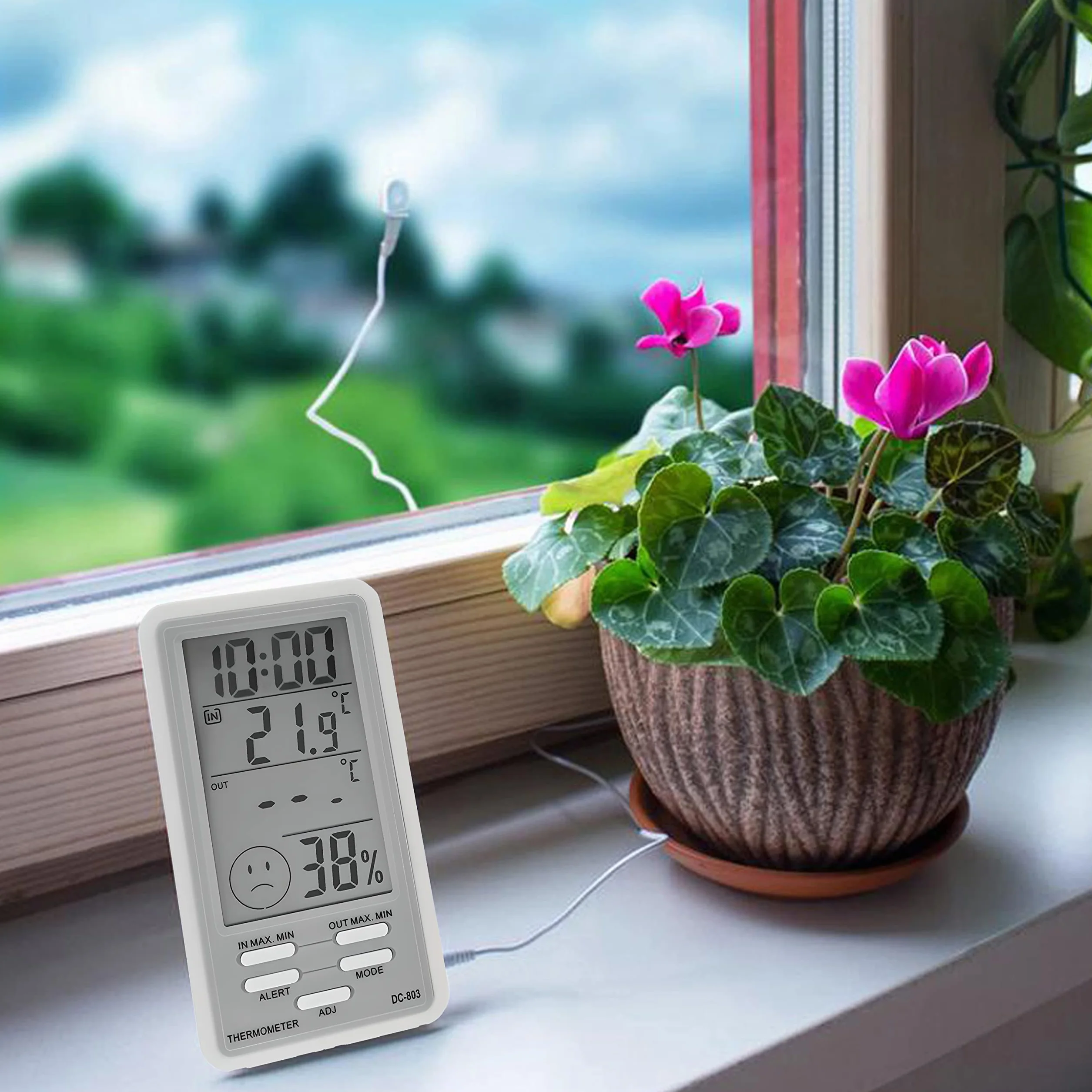 Retoo Termometr do użytku wewnątrz i na zewnątrz, cyfrowy termometr z sondą, wyświetlacz LCD, wyświetlanie godziny, higrometr, miernik wilgotności powietrza, precyzyjny czujnik temperatury