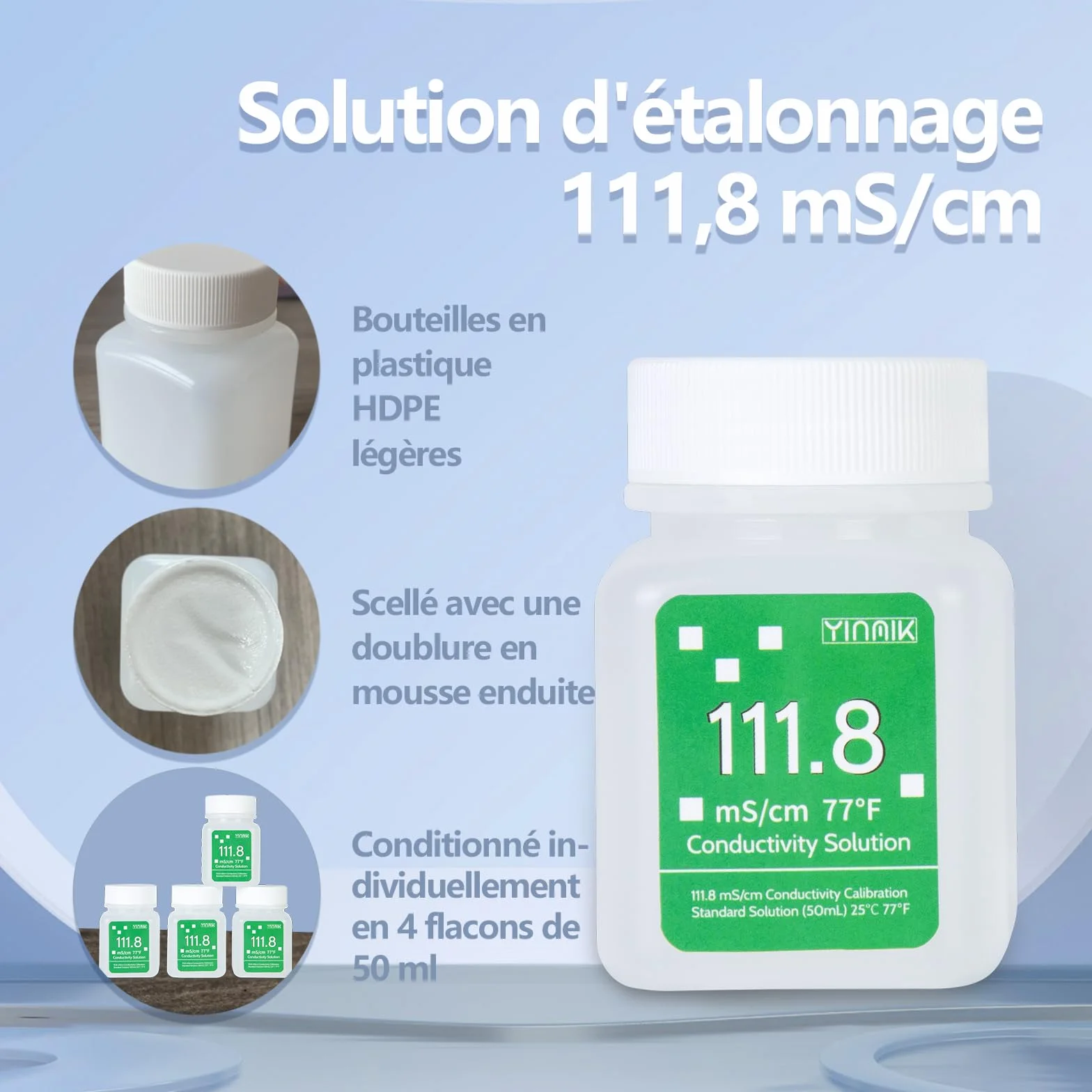 YINMIK Roztwór kalibracyjny EC 111,8 mS/cm do testera zasolenia 5 w 1, miernik EC, TDS, 4 x 50 ml