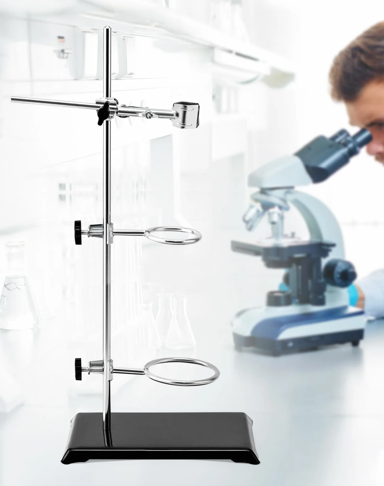 QWORK Stojak laboratoryjny 13 x 21 cm, pręt 50 cm, zaciski i mufy 5 cm/7,3 cm