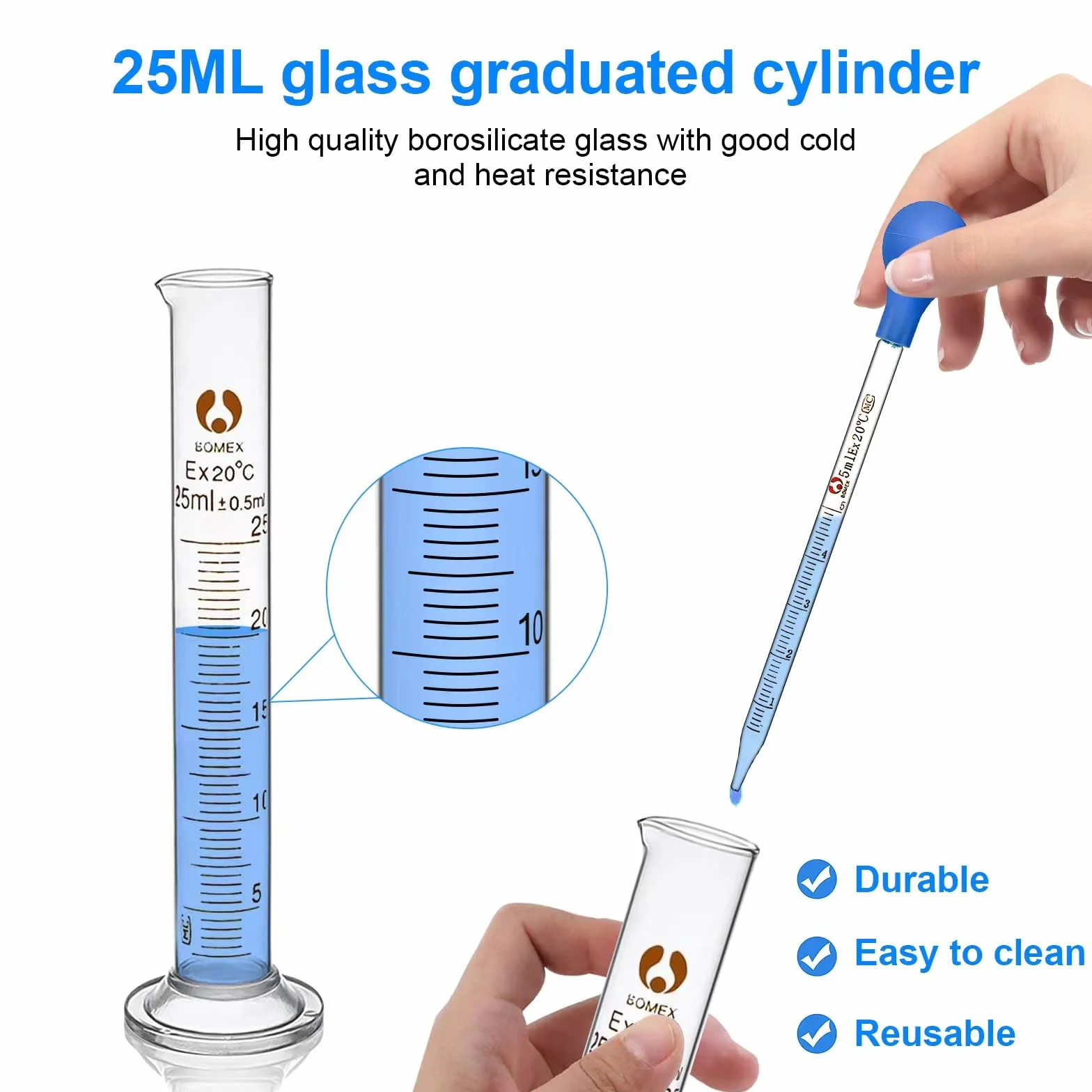 Szklana pipeta do pomiaru szkła, zestaw 6 sztuk, 5 ml, 10 ml, szklany cylinder pomiarowy 25 ml, pipeta z pędzlem i mieszadłem, do laboratorium, medycyny, szkoły, probówki