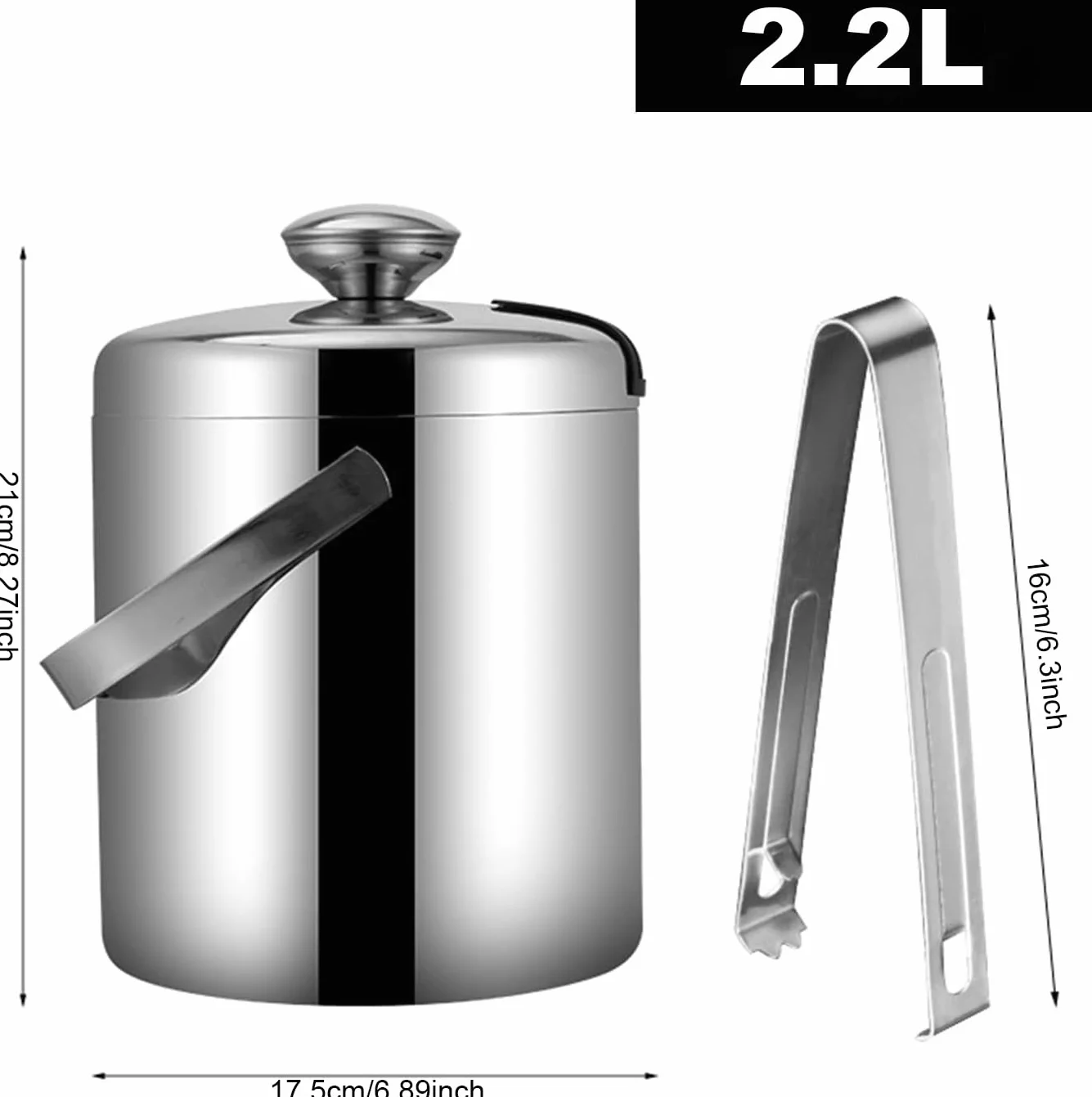 Wiadro na lód 2,2 l, ze szczypcami i sitkiem, ze stali nierdzewnej, pojemnik na lód, do szampana, na kostki lodu, na imprezę, do restauracji, pikniku, piwa, szampana, wina