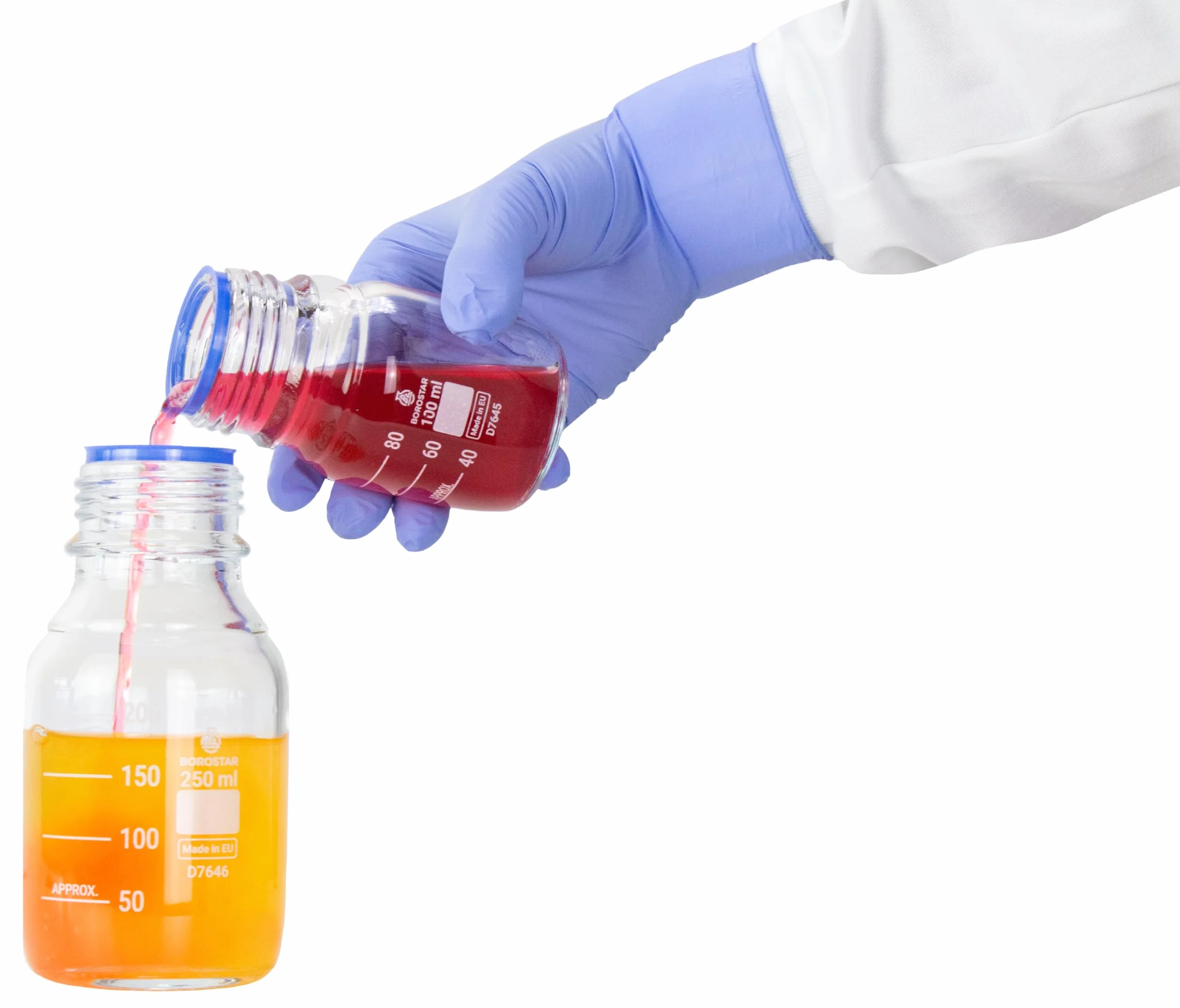 Butelka laboratoryjna (Boro 3.3), GL45, z zakrętką i pierścieniem do nalewania PP, niebieska, 100 ml