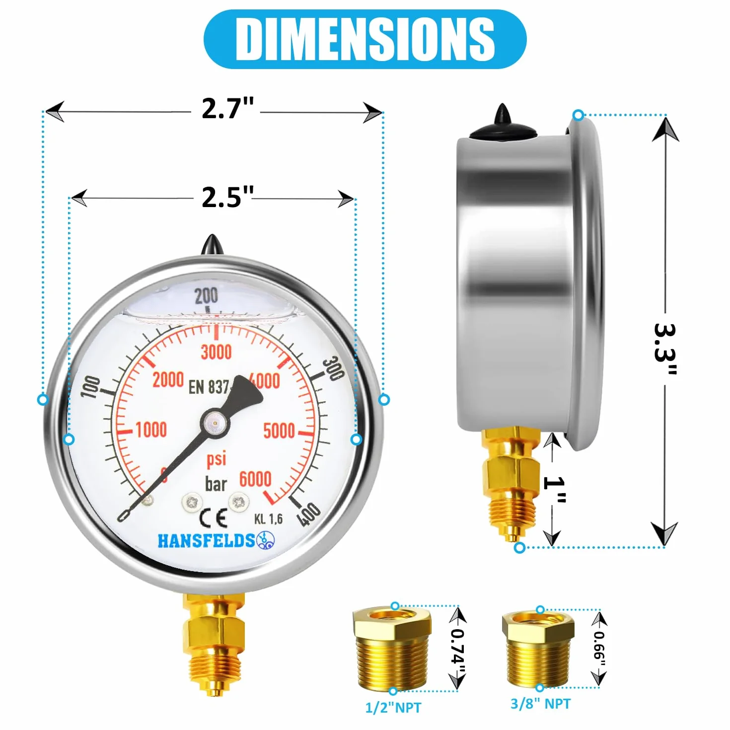 Manometr Hansfelds 0–400 bar/psi, tarcza 63 mm, mosiężne przyłącze dolne G1/4" BSP, wypełniony cieczą (gliceryną), klasa dokładności 1.6, w zestawie 2 redukcje na 3/8" i 1/2".