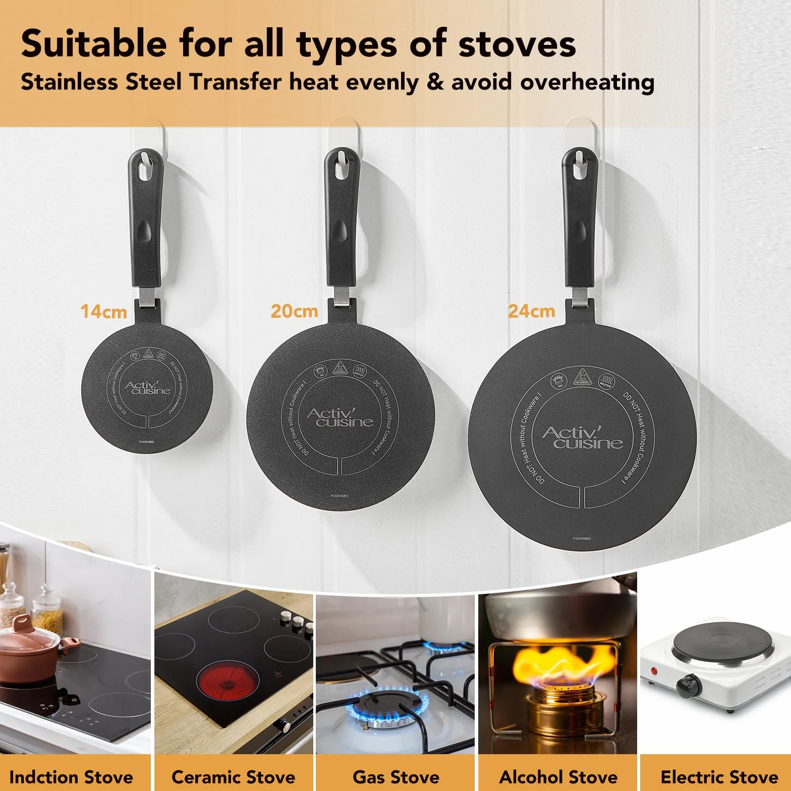 ACTIV CUISINE Adapter indukcyjny płyty grzewczej 24 cm ze stali nierdzewnej z oddzielnym uchwytem i podstawą, dyfuzor indukcyjny mokka do używania ekspresów do kawy, czarny