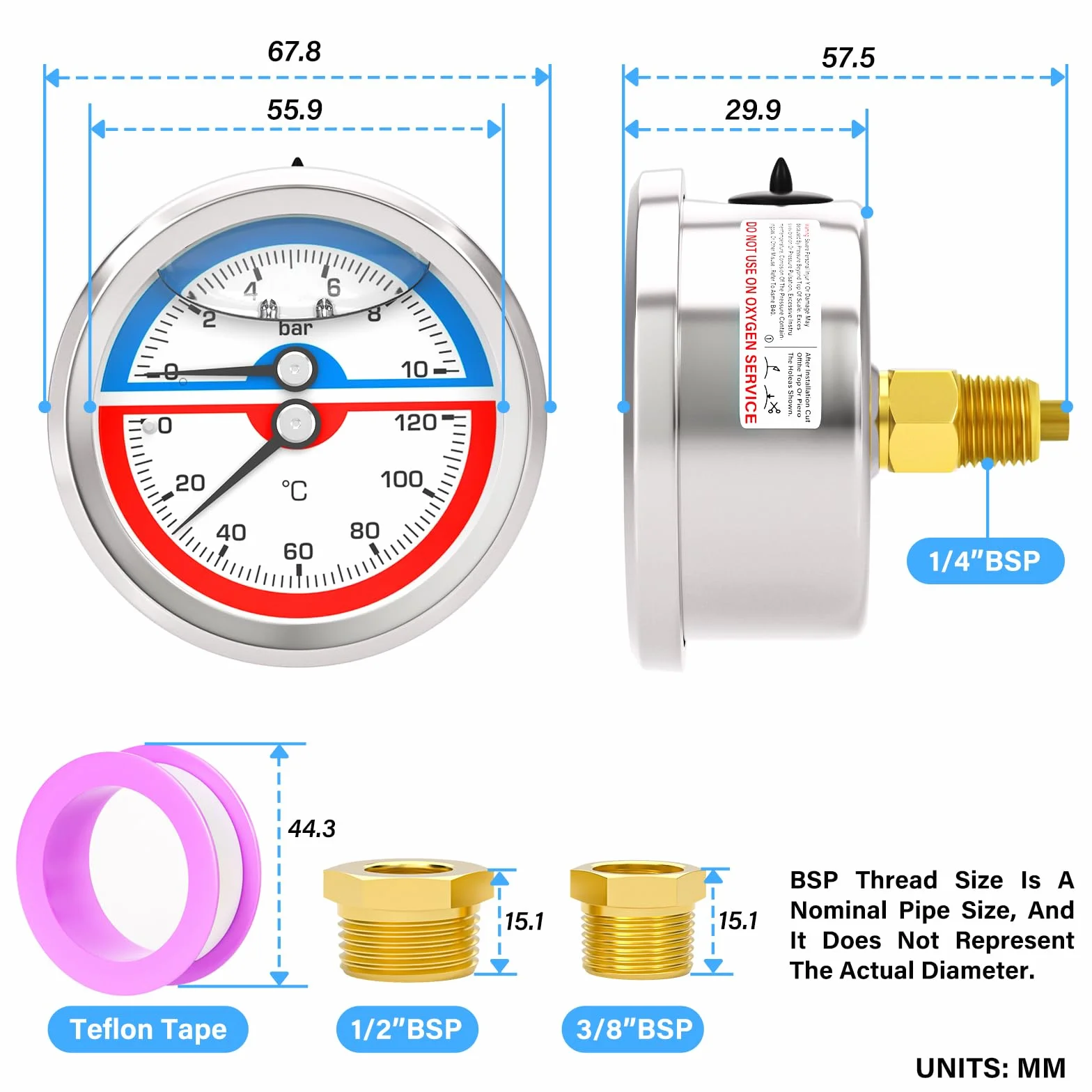 MEANLIN MEASURE ciśnieniomierz ze stali nierdzewnej 0~10 BAR/150 PSI 0~120℃ 1/4" BSP 2,5" FACE DIAL