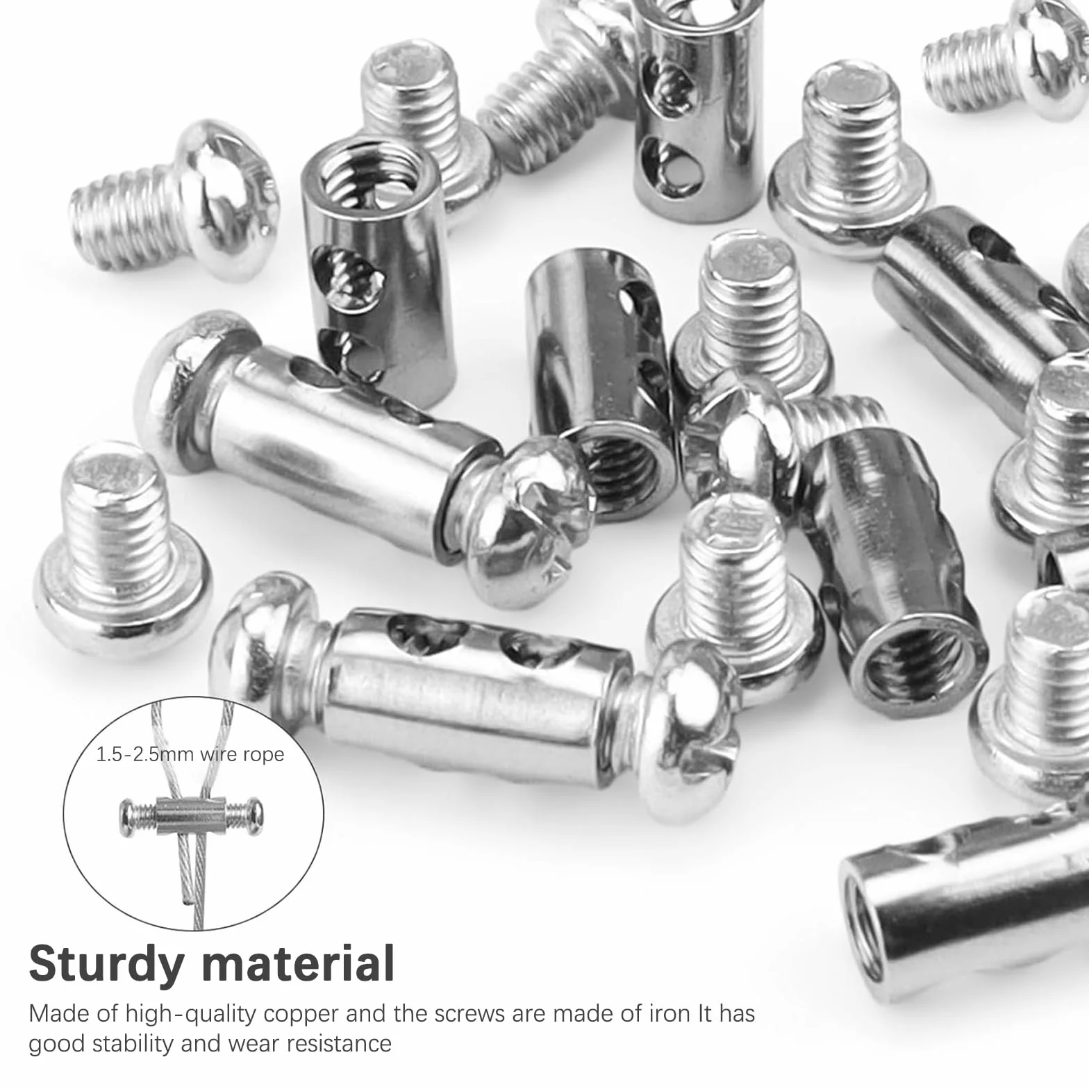 Zacisk do liny drucianej 3 mm, 30 sztuk zacisków linowych z 60 śrubami, zaciski do linek drucianych, metalowe, samoblokujące, zacisk druciany do linek namiotowych, linek do prania, uchwyt na kabel