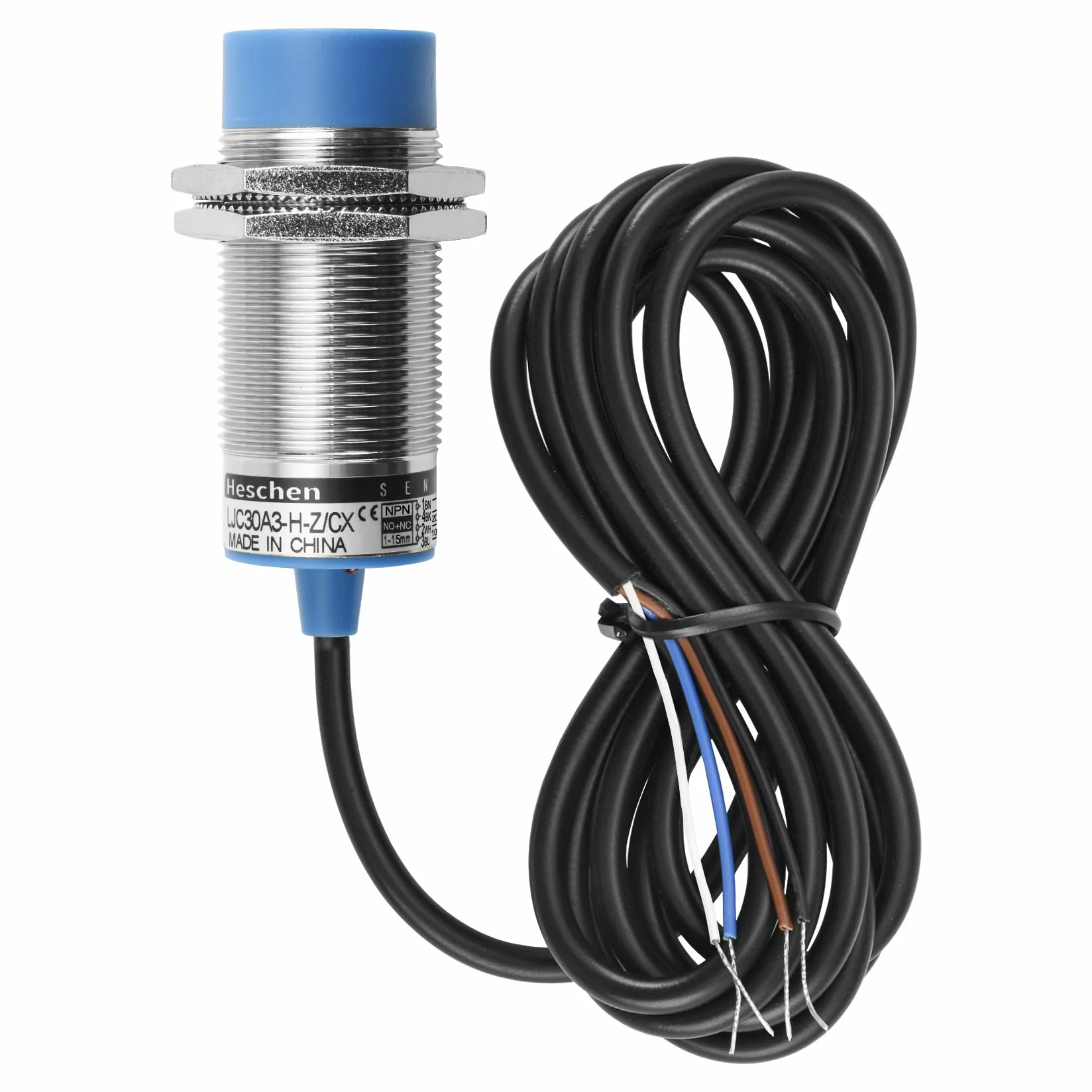 Heschen Pojemnościowy przełącznik czujnika zbliżeniowego M30, typ nieochronny, LJC30A3-H-Z/CX, detektor 1-15 mm, 10-30 VDC 200 mA, NPN NO+NC, 4 przewody