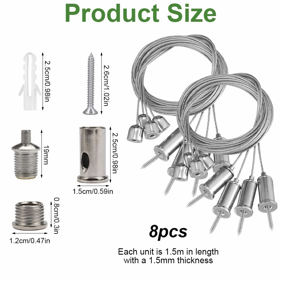 8 sztuk 1 m × 1,5 mm regulowane zawieszenie linowe, zestaw do zabudowy, stal nierdzewna, do sufitu, na sztyfcie, linka stalowa, zawieszenie lampy, hak montażowy, lampa wisząca, uchwyt do panelu LED