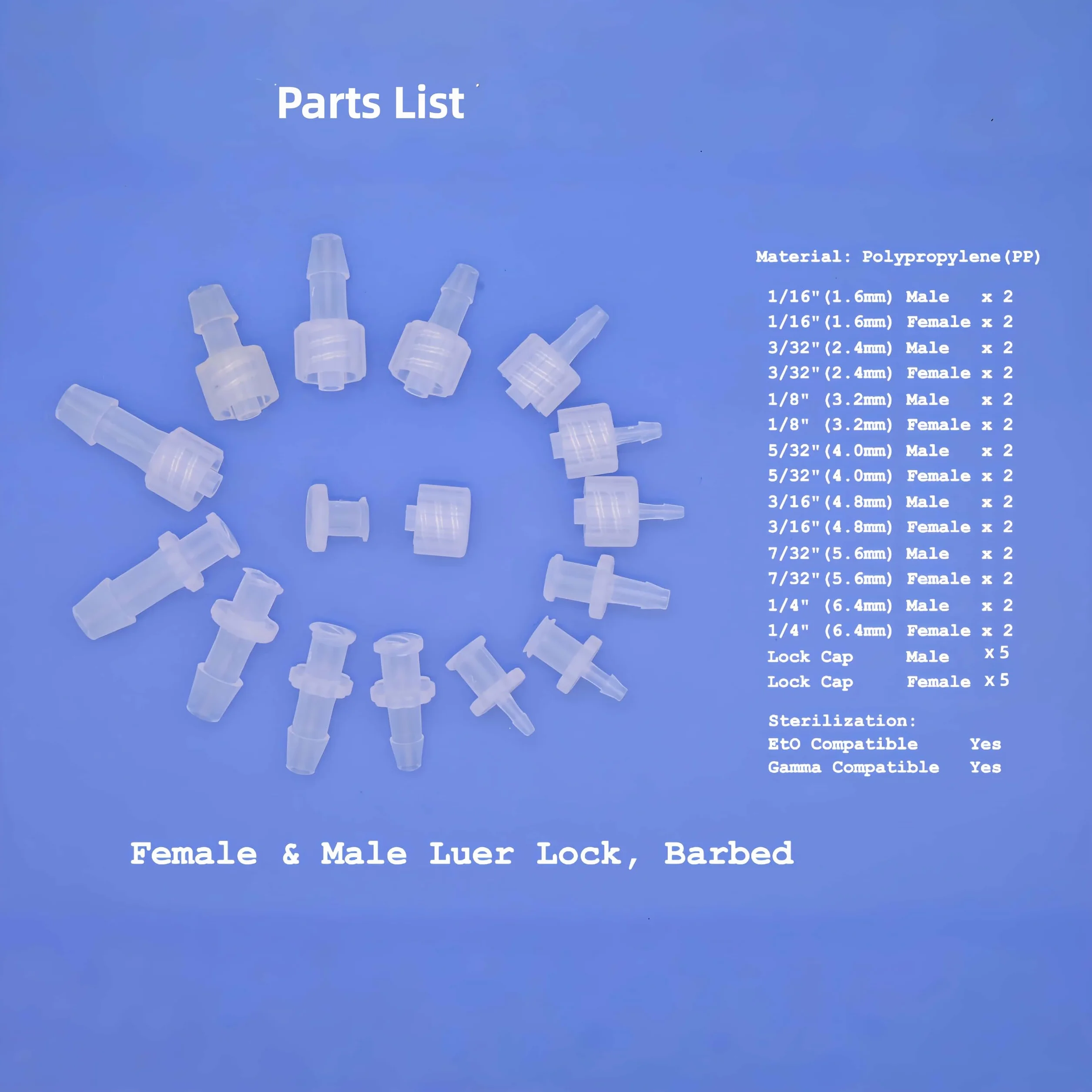 Hynec PP Luer Lock Adapter, zestaw próbek, męski i żeński, 38 sztuk, odporny na ciepło i chemikalia, szczelne złącze do zastosowań medycznych, laboratorium, przetwarzania żywności, zastosowań