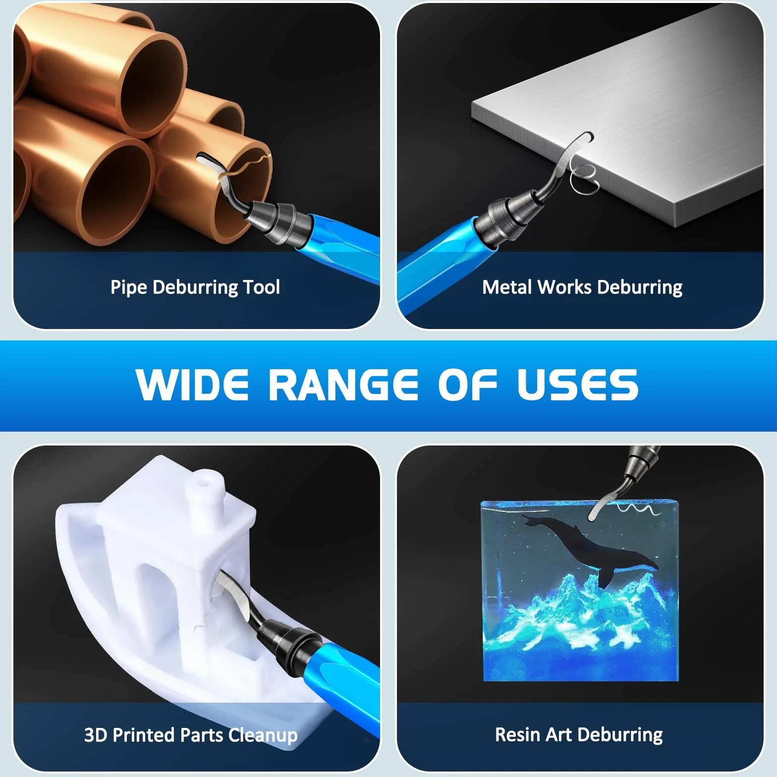 Narzędzie do usuwania zadziorów z metalowym uchwytem + 10 dodatkowych ostrzy HSS (stalowych) obracanych o 360 stopni do usuwania zadziorów do druku 3D, rur, plastiku, aluminium, miedzi, PCW i stali