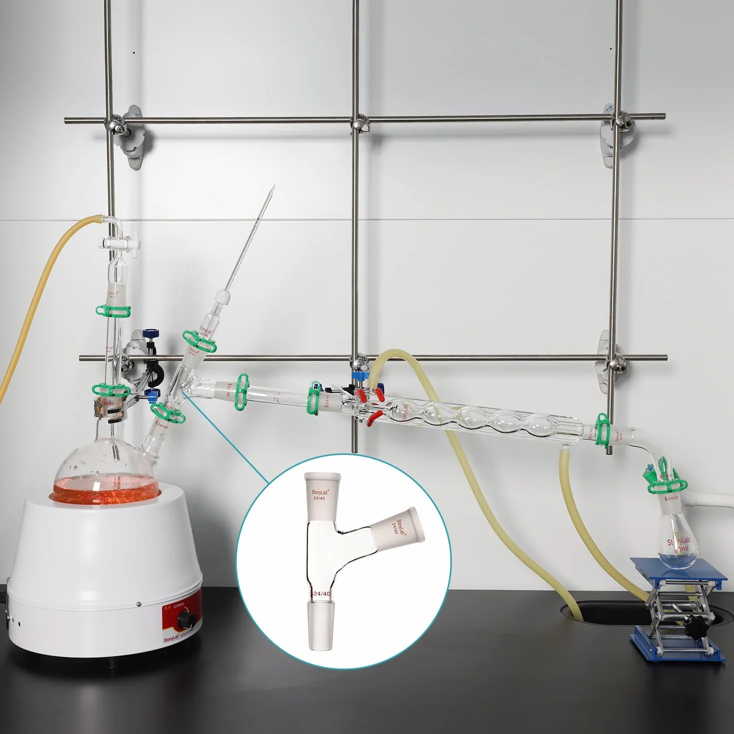 stonylab Glass 3-Drożny Adapter Destylacji Szkła, Szkła Borokrzemianowego Trójdrożny 105° Kąt Adapter z Przegub 24/40 do Laboratorium Dostawa Lab