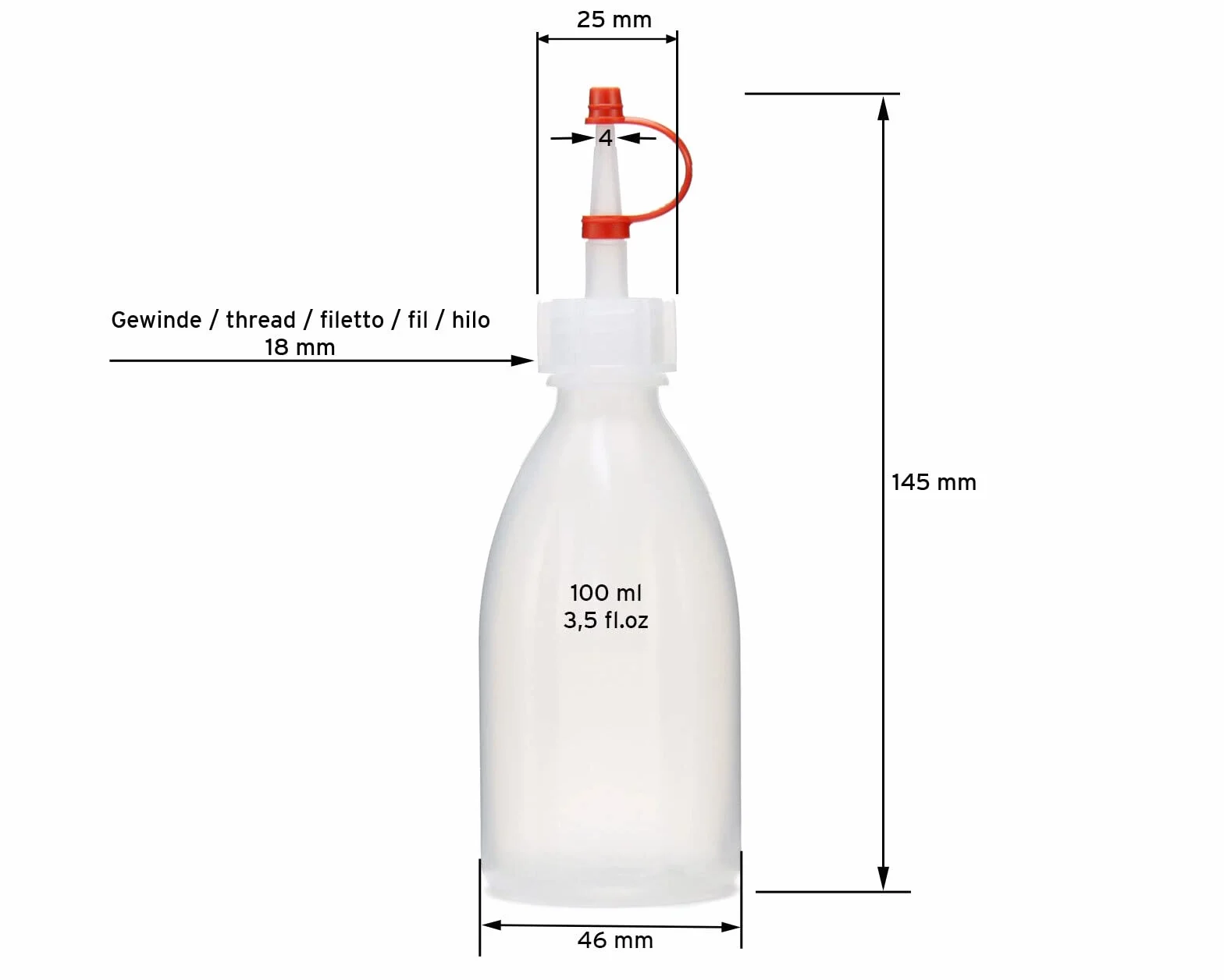 Octopus 10 plastikowych butelek 100 ml z LDPE, naturalnych, G18, zakrętka, czerwona taśma mocująca i czepek