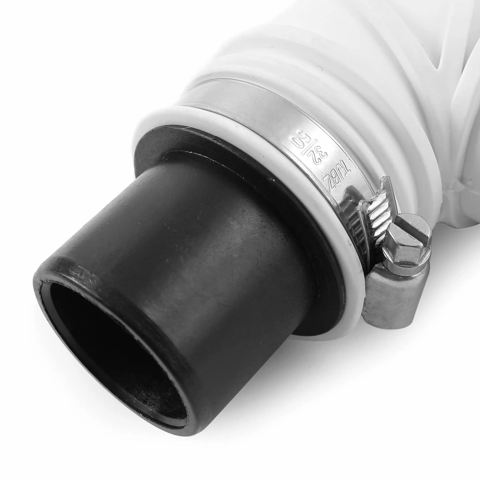 Zawór zwrotny Wiltec DN40 do zastosowań sanitarnych, zawór zwrotny o średnicy zewnętrznej 40 mm, kolanko 90° ze stopniowaną wylewką i zacisk węża
