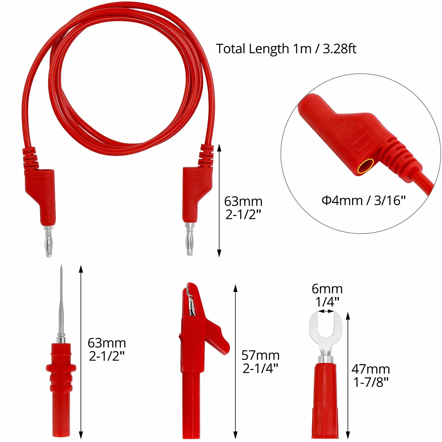 QWORK® Przewody pomiarowe multimetrowe, 30 szt., 4 mm, zestaw 5 kolorów, z zaciskami krokodylkowymi, widełkami do testowania, sondami kłującymi i igłami wymiennymi
