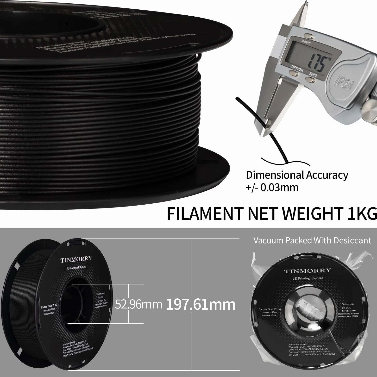 Carbon Fiber PETG Filament 1.75mm, TINMORRY PETG-CF 3D Printer Filament, Compatible with Bambu FDM 3D Printer, 1 KG 1 Spool, Black