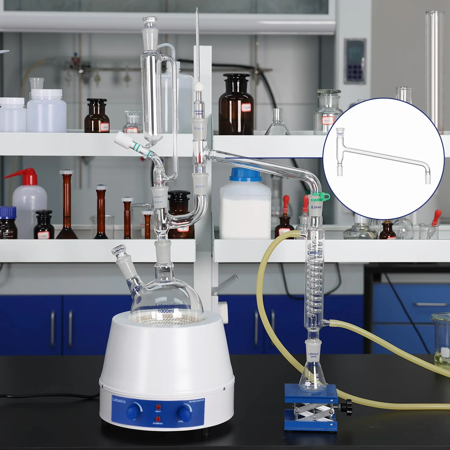 Labasics Szklany adapter do destylacji, szkło borokrzemowe, zakrzywiony 75 stopni, adapter do destylacji, adapter laboratoryjny ze standardowymi połączeniami 14/20 do destylacji