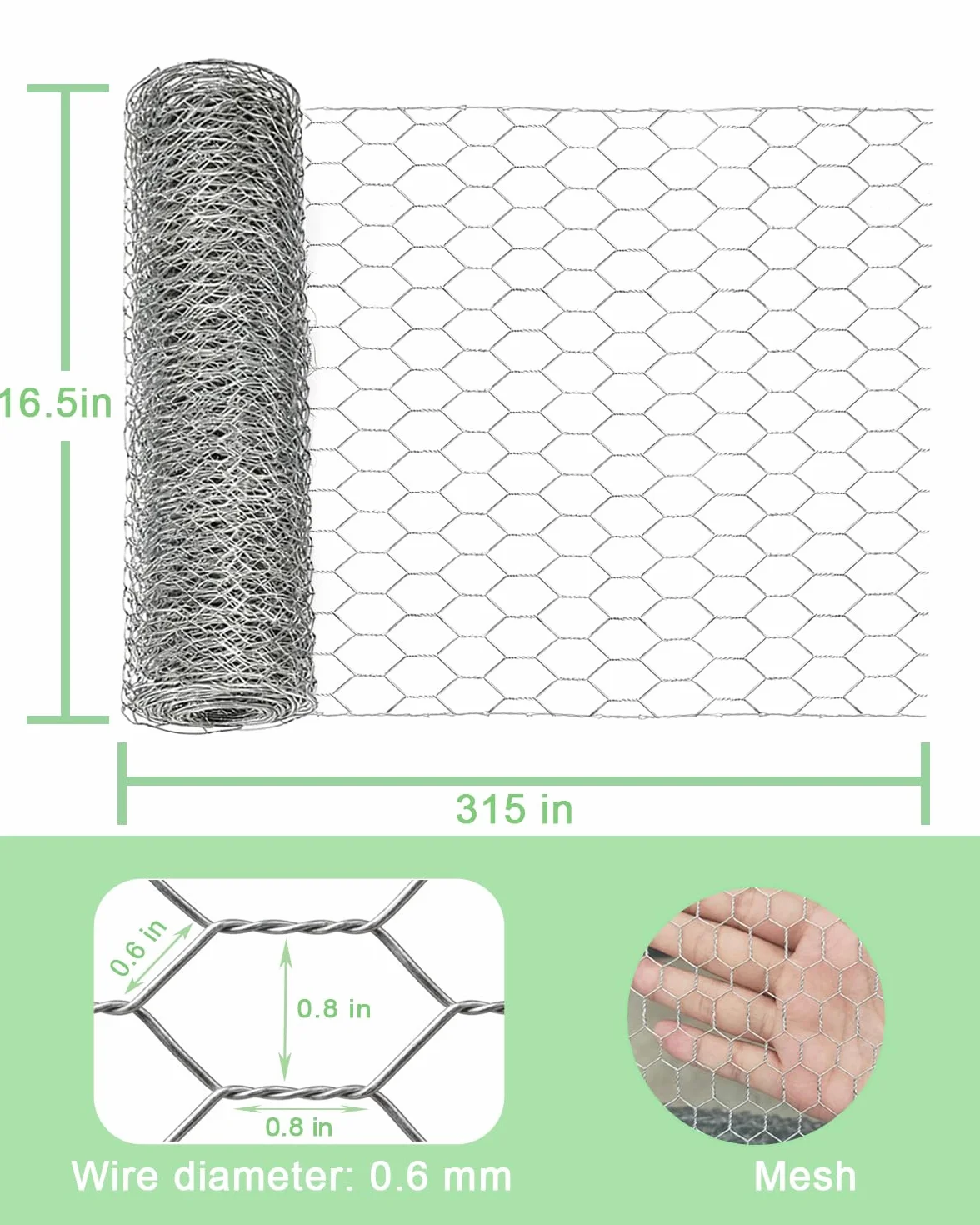 Ogrodowa siatka dla drobiu 16,5"×315" ogrodzenie dla zwierząt siatka dla kurczaków