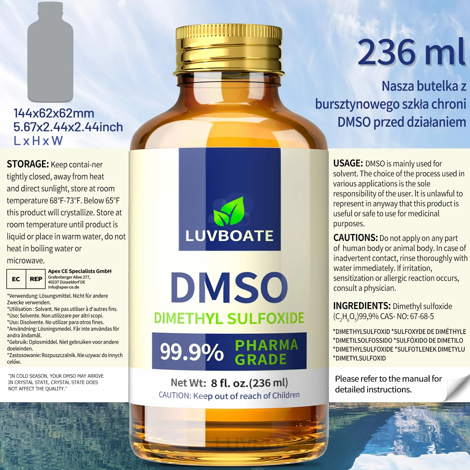 DMSO 99,9% 236ml dimetylosulfotlenek klasy farmaceutycznej - Bursztynowe Butelki