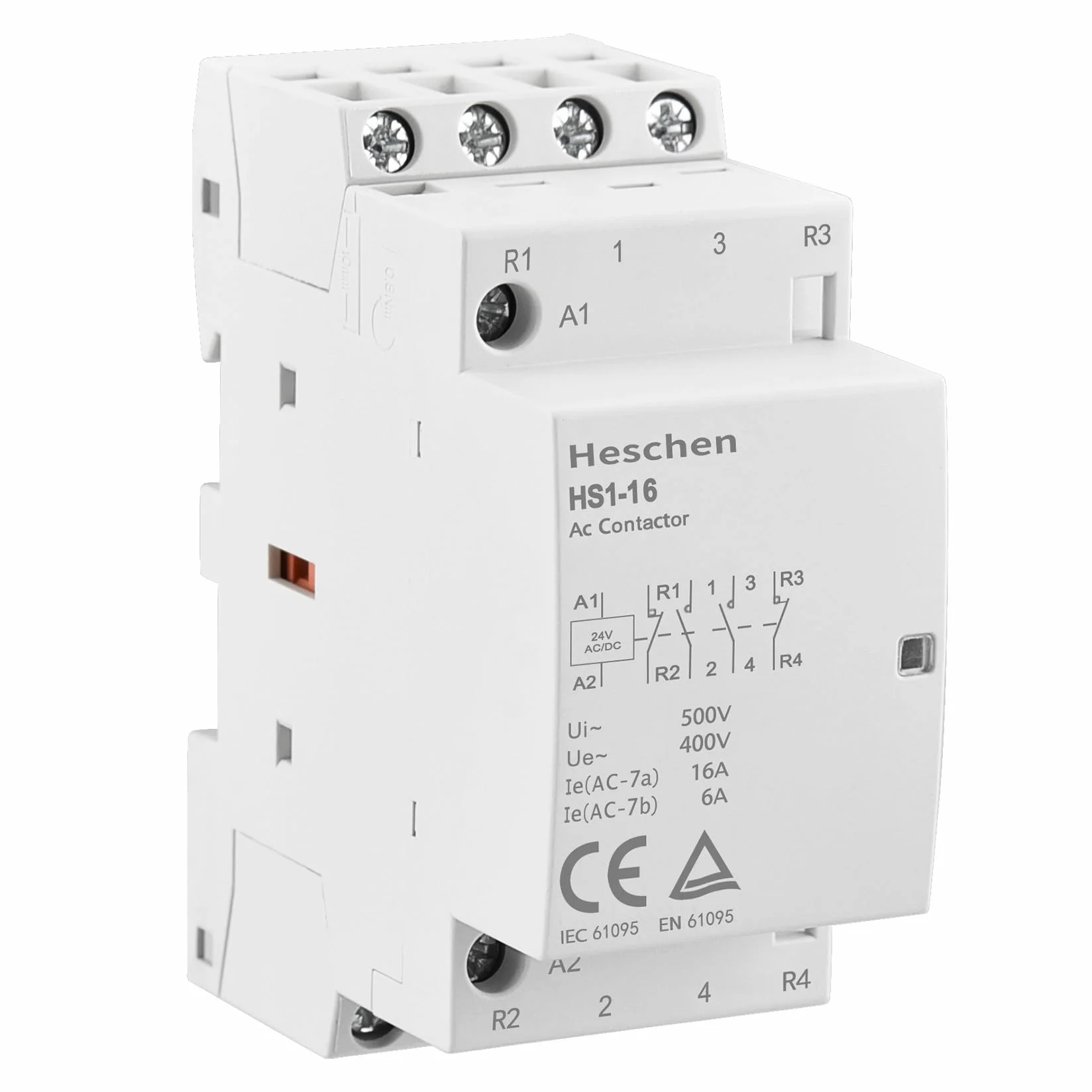 Heschen Stycznik domowy AC, HS1-16, Ie 16A, 4-biegunowy, 2NO 2NC, DC 24 V napięcie cewki, 35 mm montaż na szynie DIN