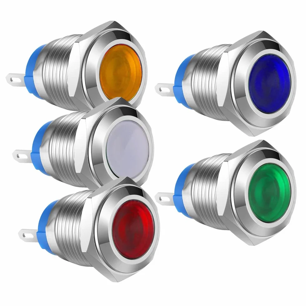 Gebildet 5 szt. 12 mm AC/DC 12-24V stal nierdzewna wodoodporna lampka kontrolna LED metalowa powłoka pilot niestandardowa lampa sygnalizacyjna do deski rozdzielczej wklęsła głowica