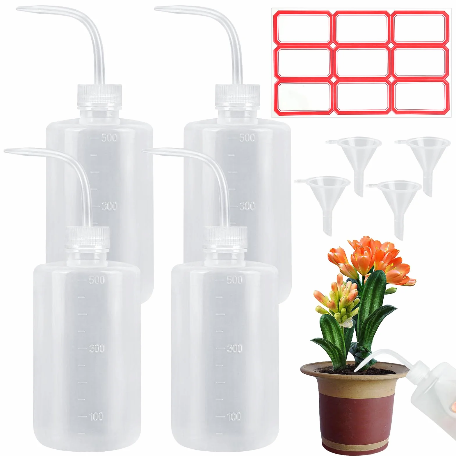 4 butelki z rozpylaczem, 500 ml, butelka z dozownikiem z tworzywa sztucznego, butelka laboratoryjna z 4 lejkami i 1 naklejką, przezroczysta butelka do wyciskania do nawadniania roślin