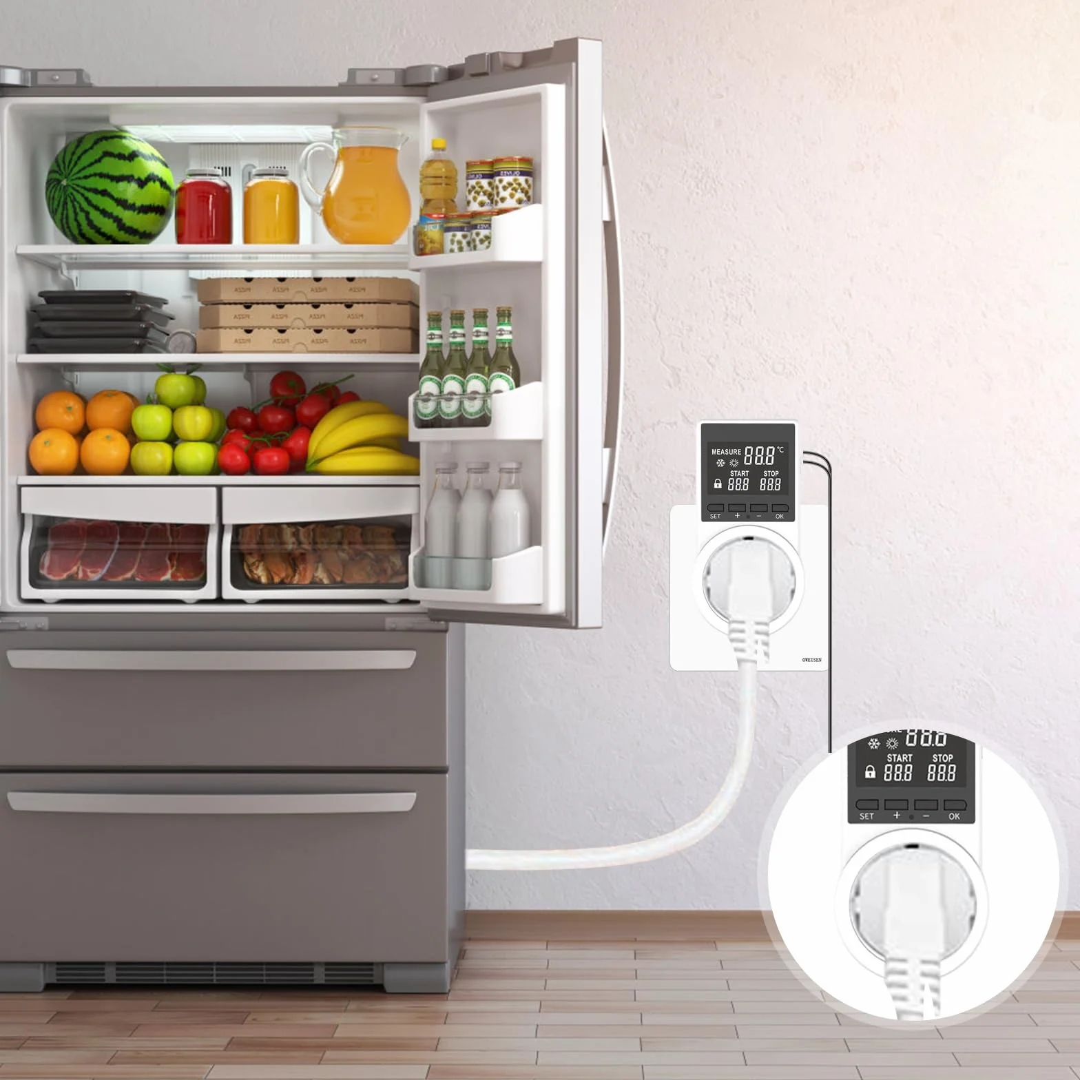 Cyfrowe gniazdko regulatora temperatury, cyfrowe gniazdko termostatu z czujnikiem ogrzewania chłodzenia przełącznik temperatury, 100-250V przełącznik termostatu z wyświetlaczem LED do szklarni