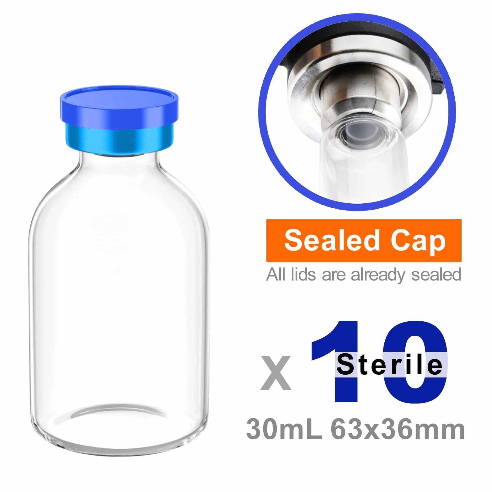 Sterylne puste fiolki z samonaprawiającym się portem wtryskowym i aluminiową plastikową nasadką, sterylne opakowanie (30 ml przezroczyste 10 szt.)