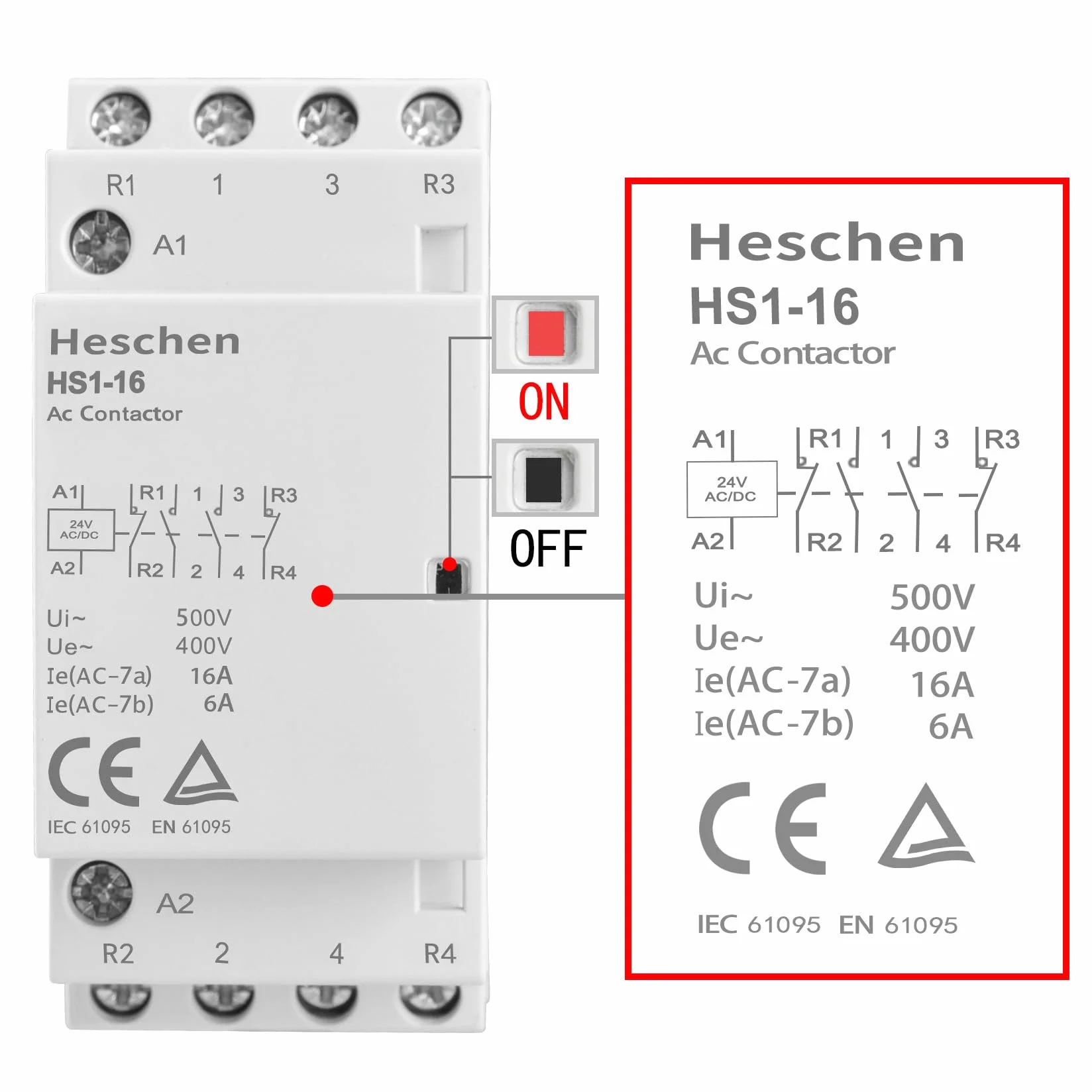 Heschen Stycznik domowy AC, HS1-16, Ie 16A, 4-biegunowy, 2NO 2NC, DC 24 V napięcie cewki, 35 mm montaż na szynie DIN