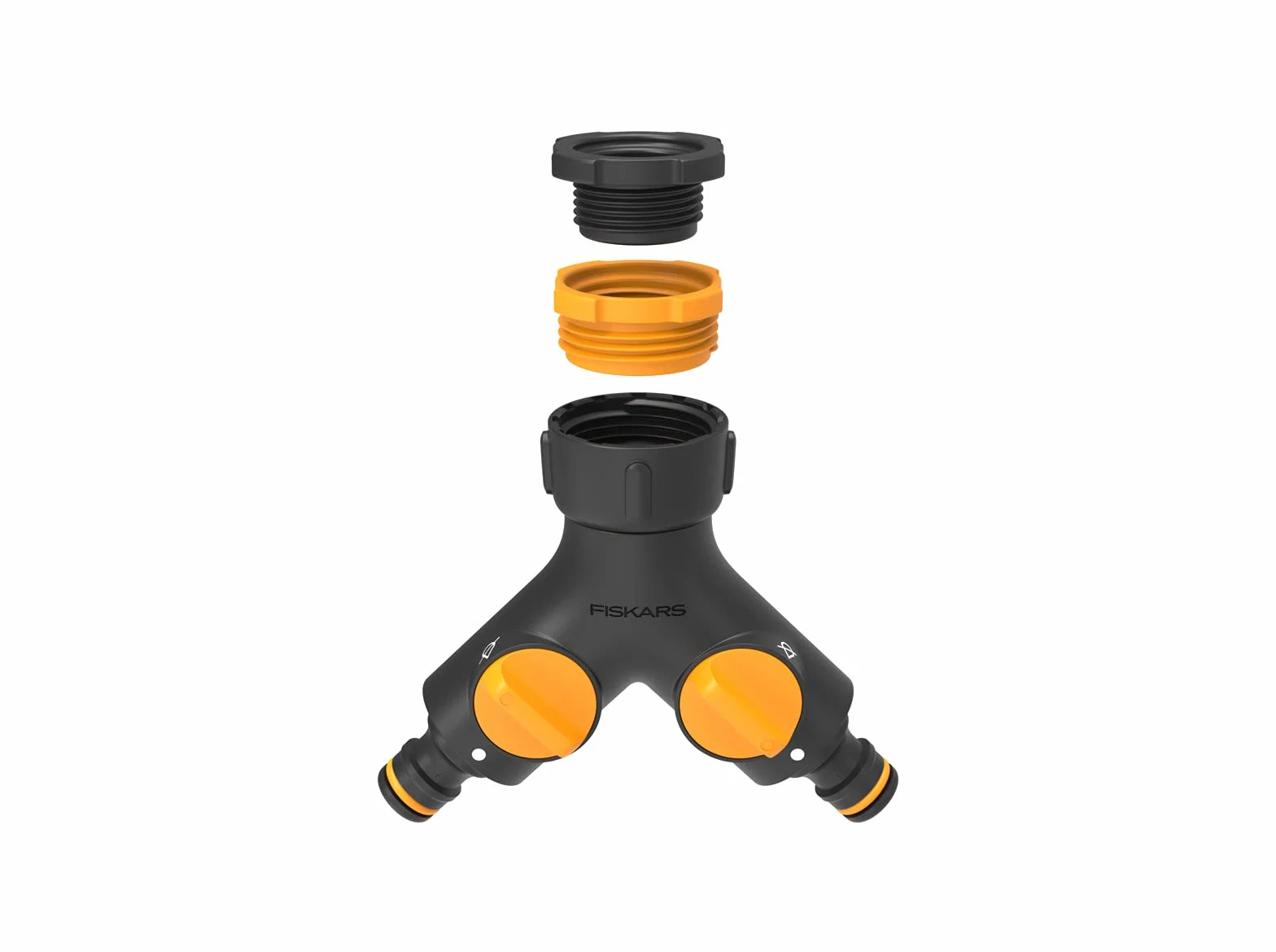 Fiskars Zawór 2-drożny Multi, z zaworem włączania/wyłączania, dla trzech rozmiarów gwintów Ø 21 mm (1/2), Ø 26,5 mm (3/4) i Ø 33,3 mm (1), 85 g, czarny/pomarańczowy, 1027061
