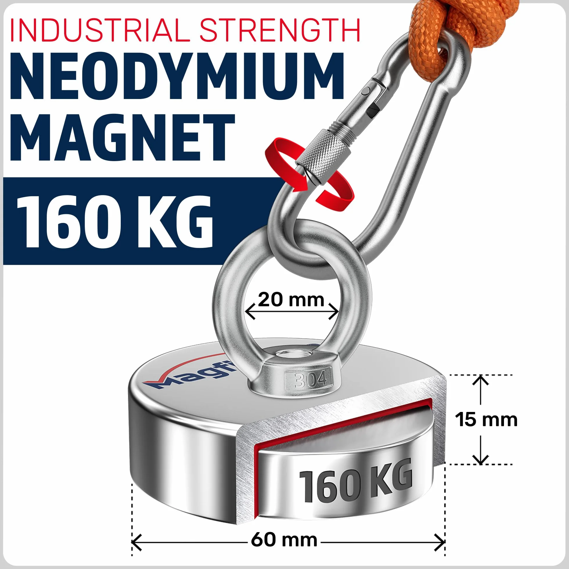 MAGFISHION Zestaw do Magnetycznego Wędkarstwa - Siła Przyciągania 160KG - Ø60mm - Magnes Neodymowy - Idealny do Magnetycznego Wędkarstwa - Z Ciemnopomarańczową Liną (20M) & Rękawice - Magnes Ryba