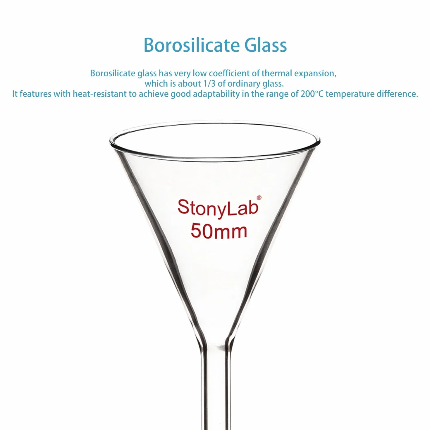 stonylab 1 opakowanie lejka szklanego, lejek ze szkła borokrzemowego o dużej powierzchni, średnica 50 mm i długość trzpienia 50 mm