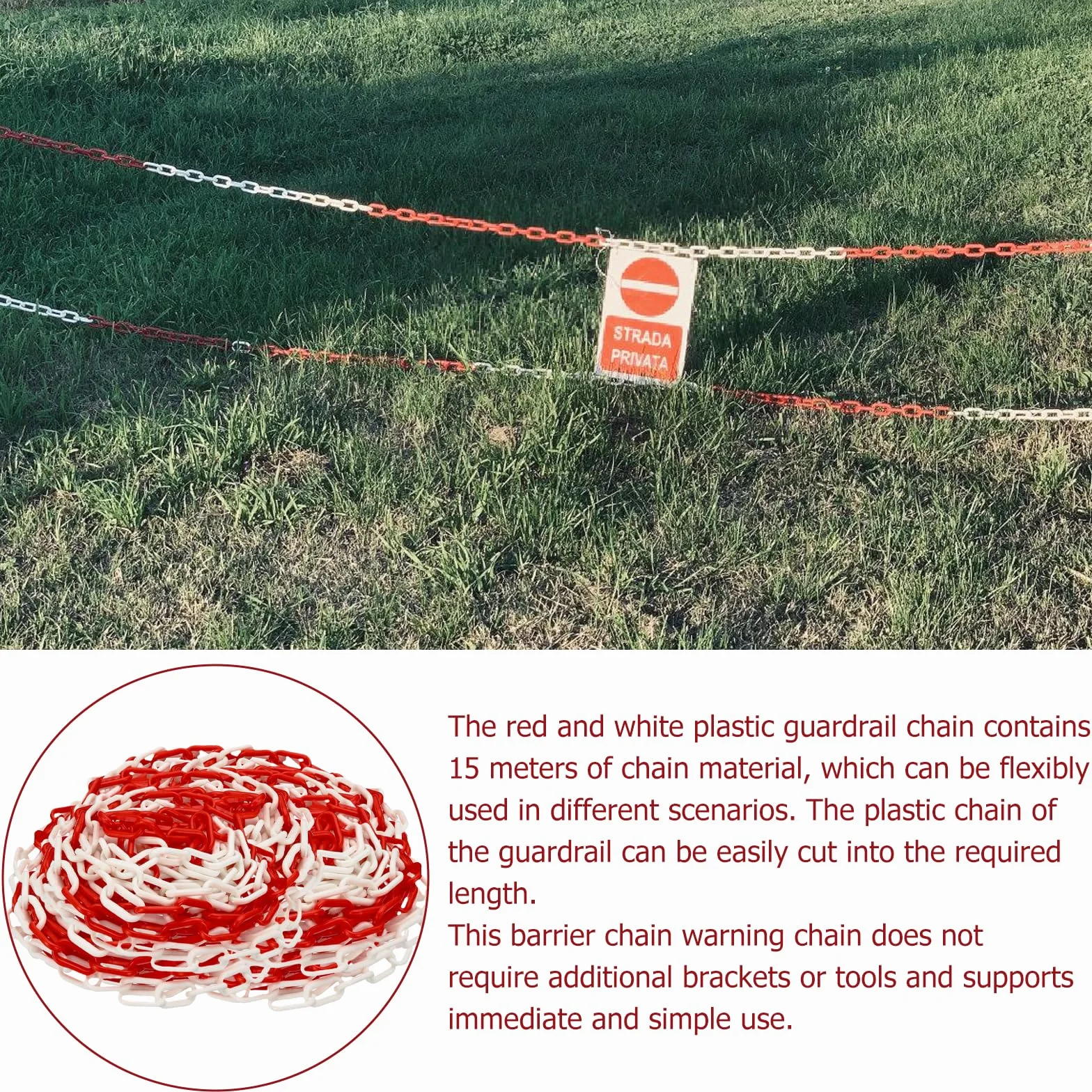 Łańcuch odgradzający, czerwony, biały, tworzywo sztuczne: WEGREAT 15 m, 6 mm, łańcuch odcinający z tworzywa sztucznego, łańcuch odcinający, łańcuch ostrzegawczy dla bezpieczeństwa parkingowego,