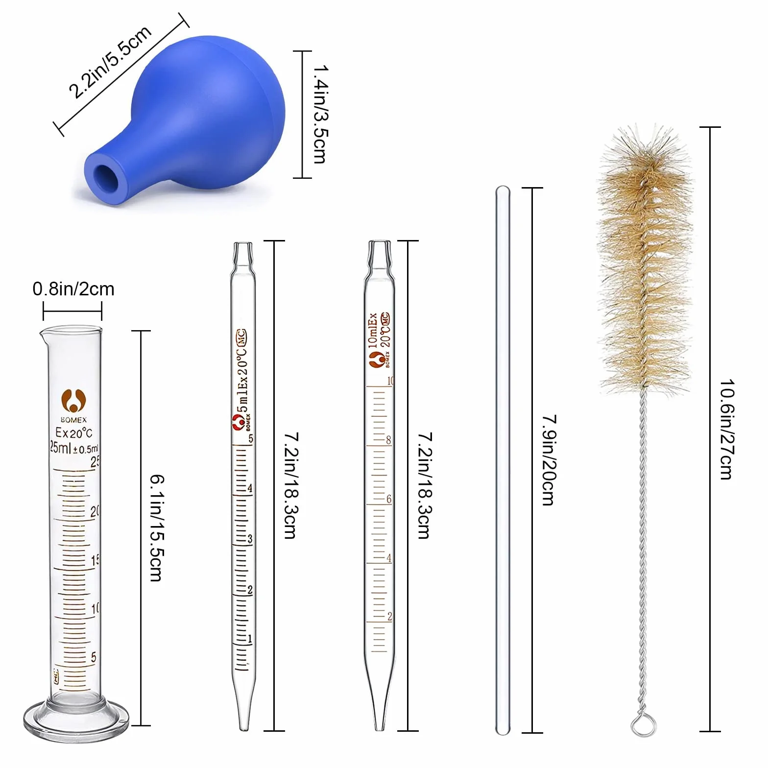 Szklana pipeta do pomiaru szkła, zestaw 6 sztuk, 5 ml, 10 ml, szklany cylinder pomiarowy 25 ml, pipeta z pędzlem i mieszadłem, do laboratorium, medycyny, szkoły, probówki