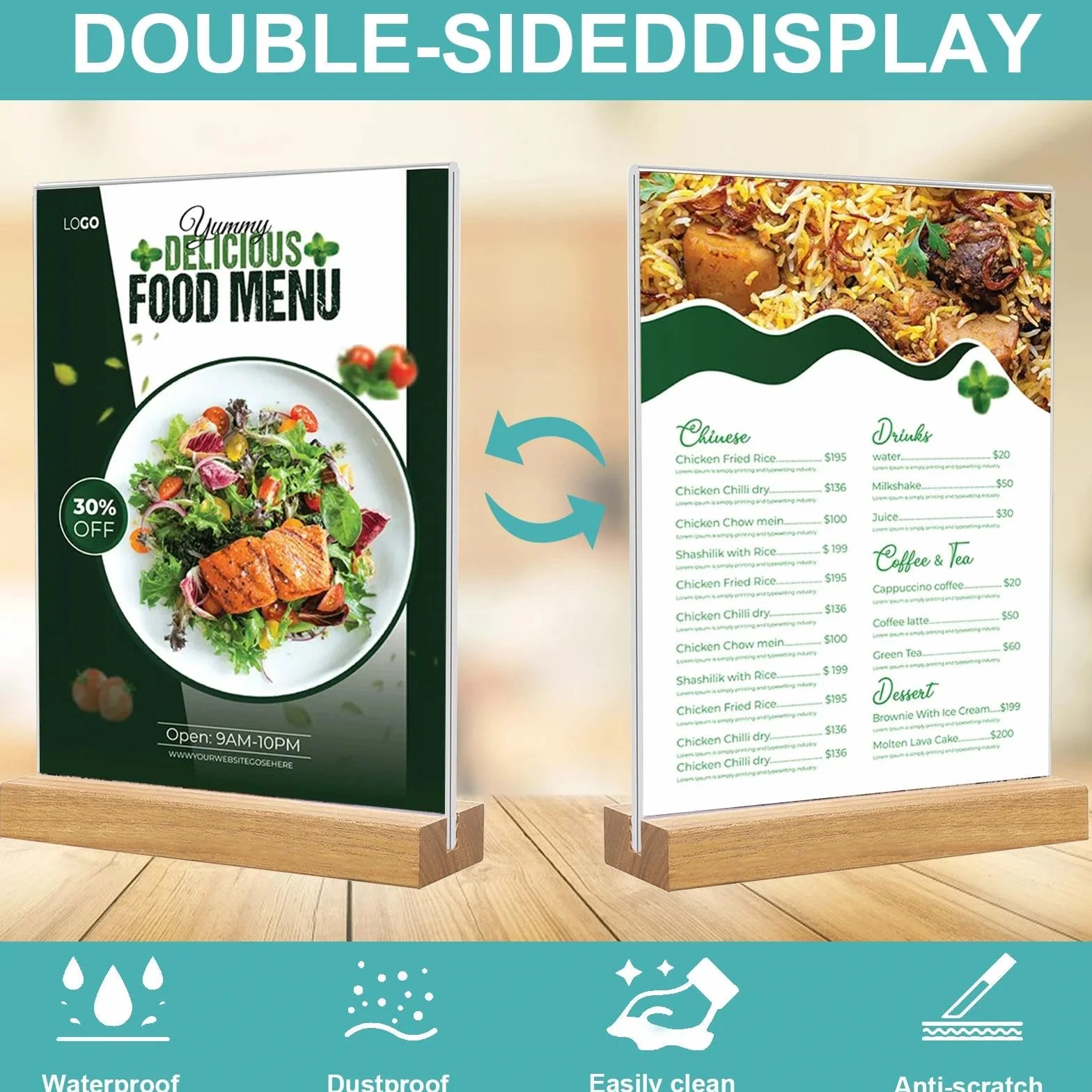 Akrylowy stojak na menu A5 z drewnianą nóżką, uchwyt na plakat w kształcie litery T, pionowy (21 x 15 cm)