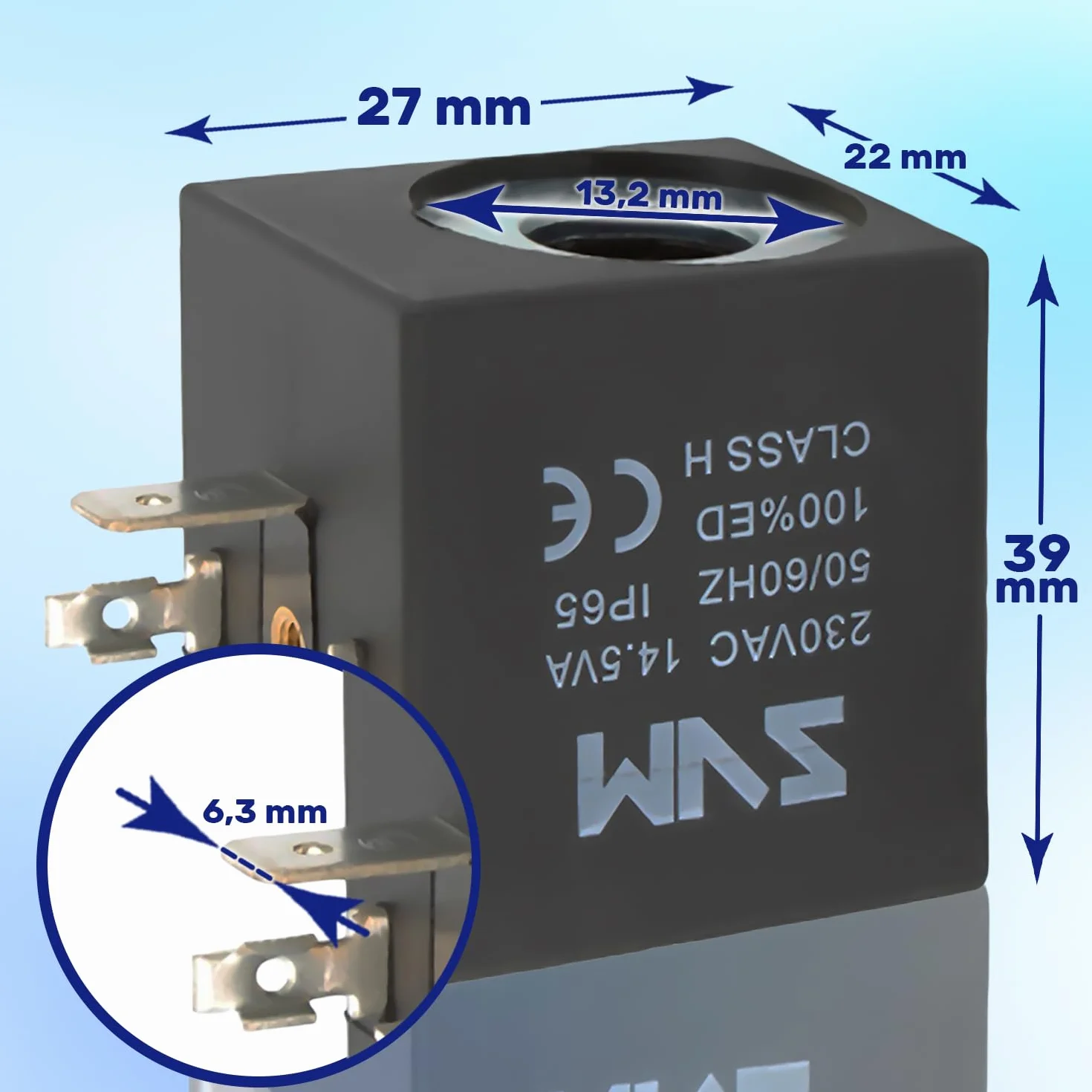 Cewka Zaworu Elektromagnetycznego - 39 x 36 x 29 mm Ø 13,2 mm - Klasa H IP65-230V 8W 50/60Hz 14,5VA - Gwarancja 10 Lat - MONTERALNY