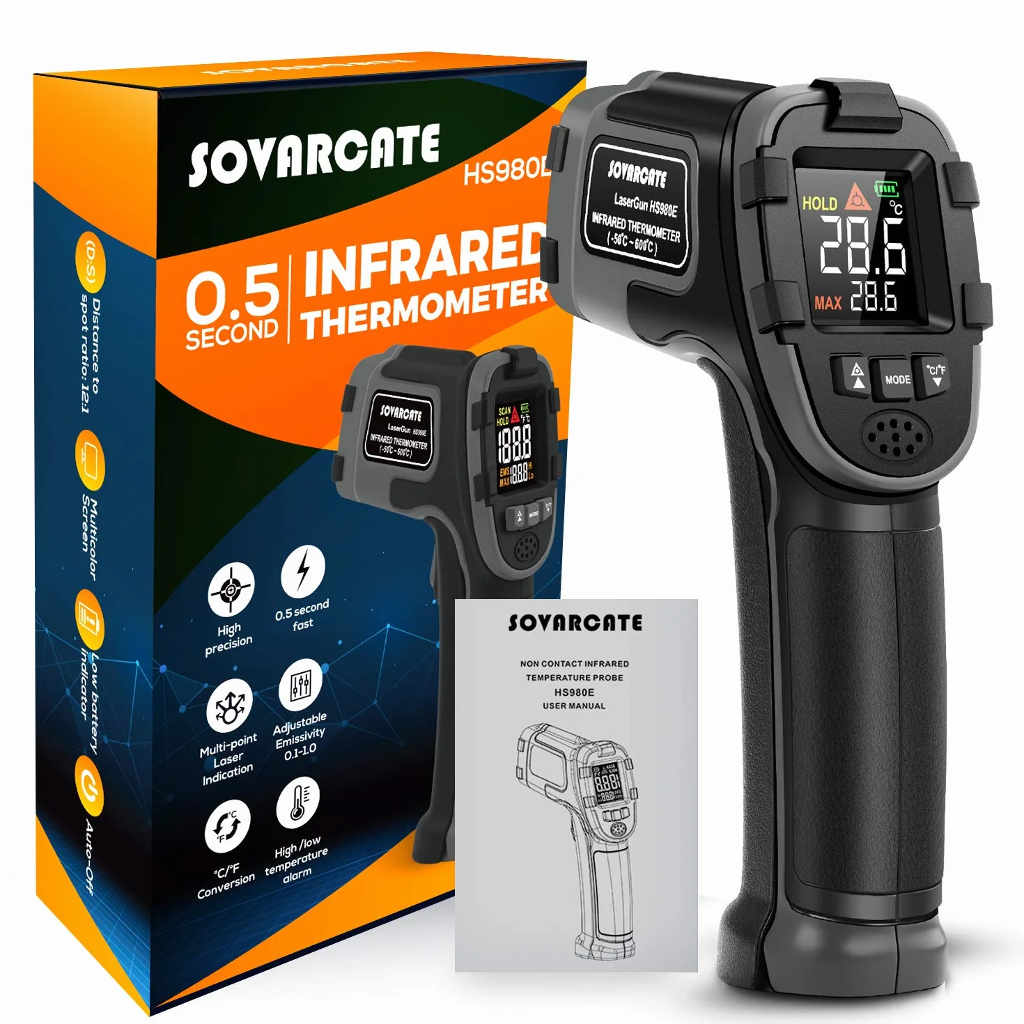 Termometr na podczerwień SOVARCATE cyfrowy pistolet do temperatury alarm wysokiej i niskiej temperatury -50°C ~ 600°C ~ sonda temperatury do gotowania pizzy piekarnika i grilla z regulowaną emisją