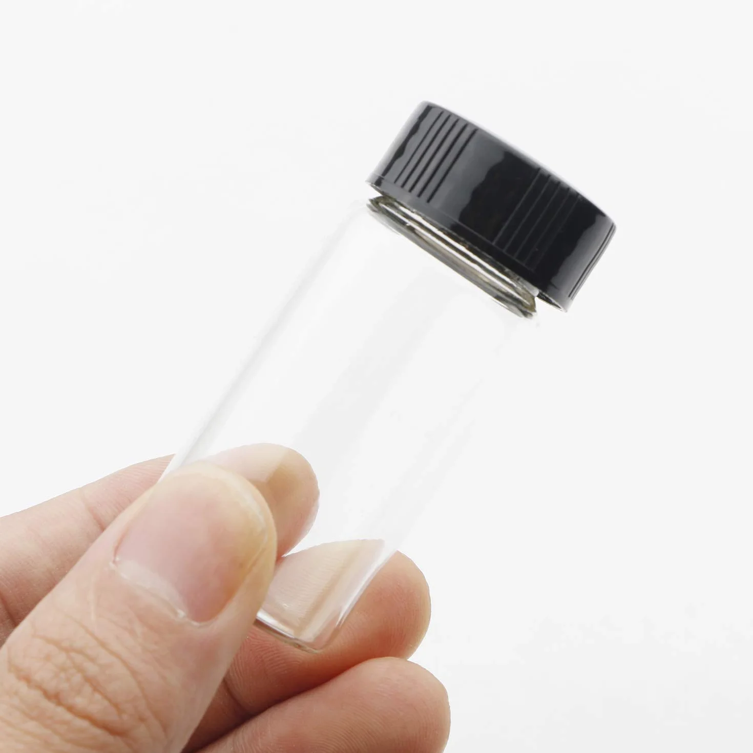 KAHEIGN przezroczyste szklane butelki, 20 ml, 2/3 uncji próbki, szklane butelki z plastikową śrubą, czarna pokrywka, przezroczysty pojemnik laboratoryjny, 20 szt