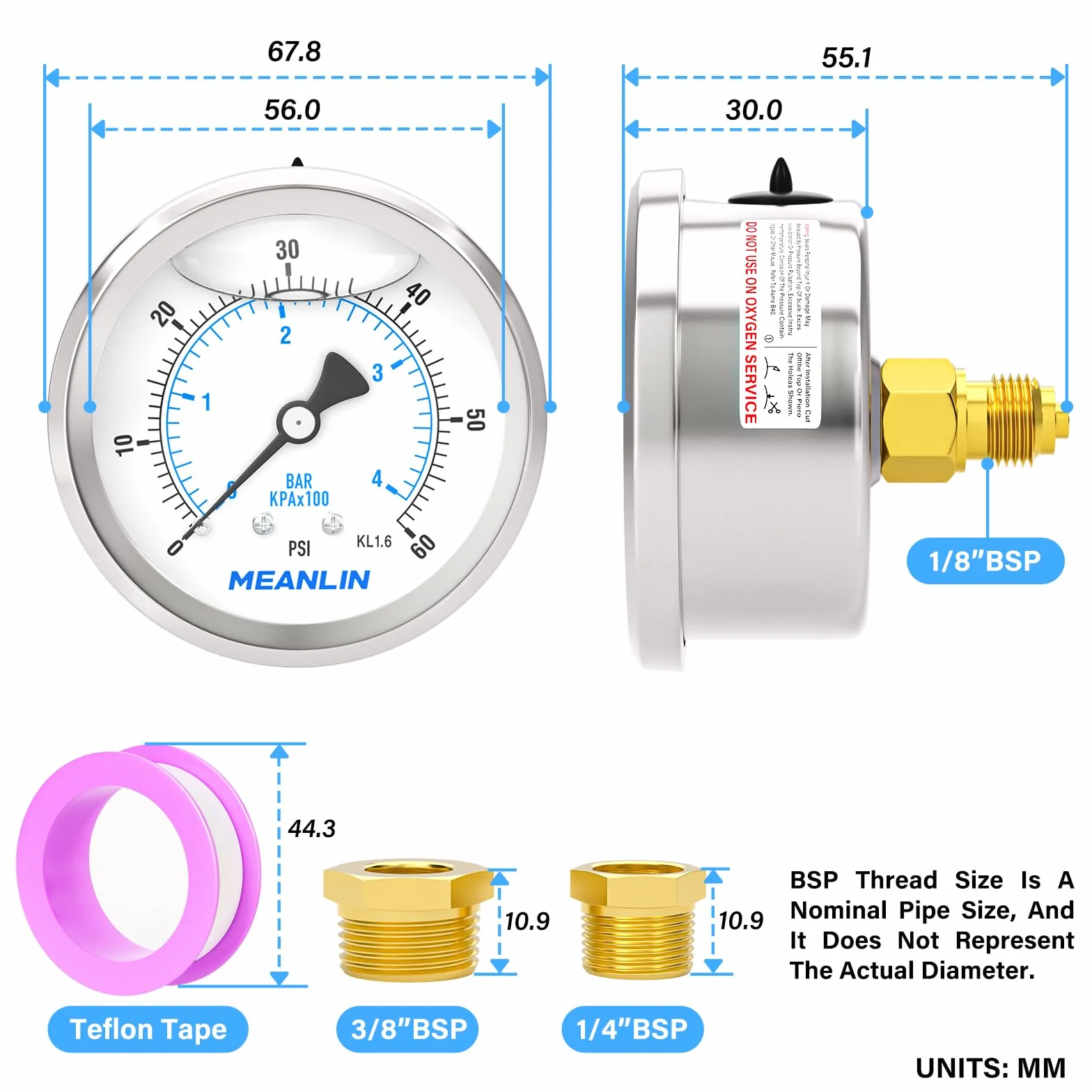 MEANLIN MEASURE 0~4 BAR/0~60 PSI manometr z płynem, stal nierdzewna 1/8" BSP 2,5" Face DIAL, WOG woda-olej-powietrze, montaż z tyłu, z gniazdem sześciokątnym 1/4" BSP i gniazdem sześciokątnym 3/8" BSP
