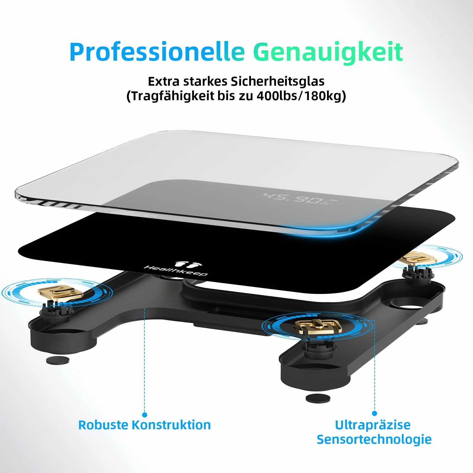 Healthkeep waga osobowa cyfrowa z czujnikami wysokiej precyzji technologia Step-On szkło bezpieczne czarna